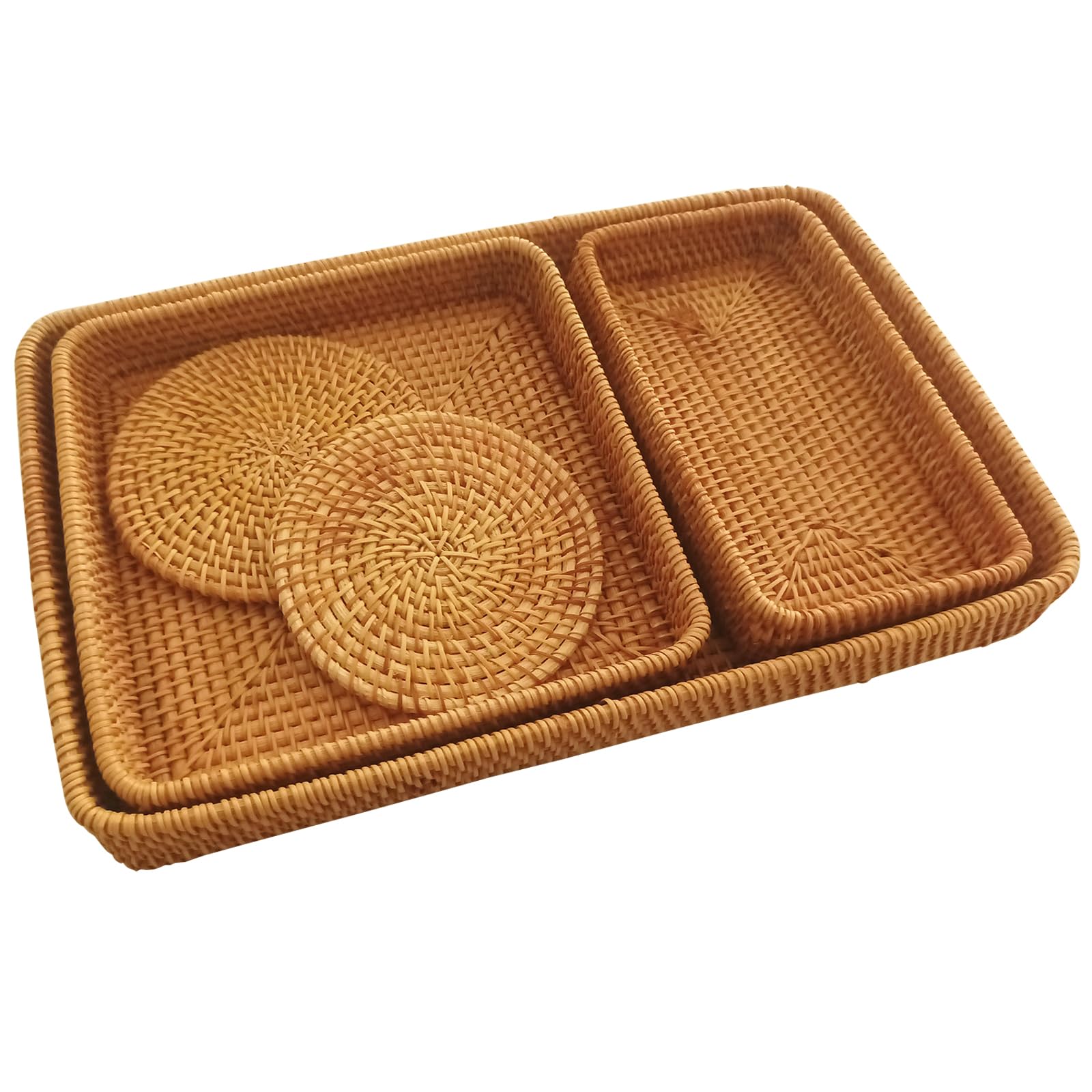 Photo 1 of Rattan Tray Rectangle, Rattan Basket Set of 5, Wicker Decorative Serving Tray Fruit Baskets Food Serving Holders Woven Baskets for Storage Home Kitchen Restaurant Decor