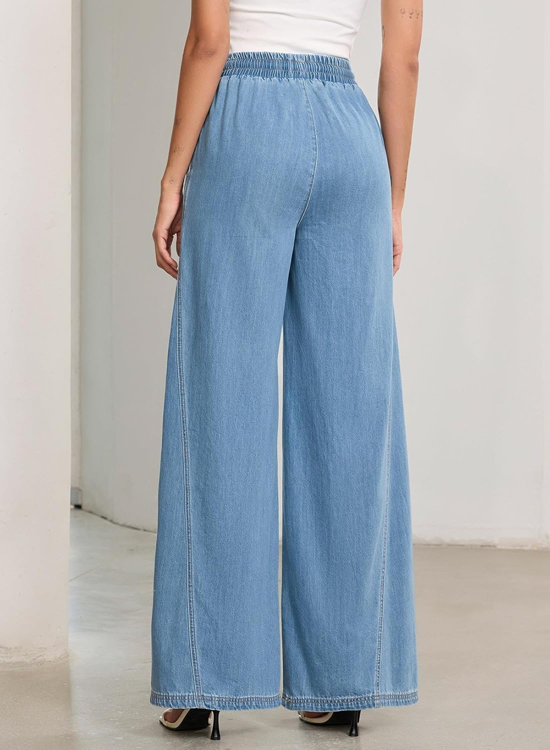 Sidefeel Women's Wide Leg Baggy Jeans High Waisted Elastic Waist Loose Fit Drawstring Long Denim Pants - Image 2