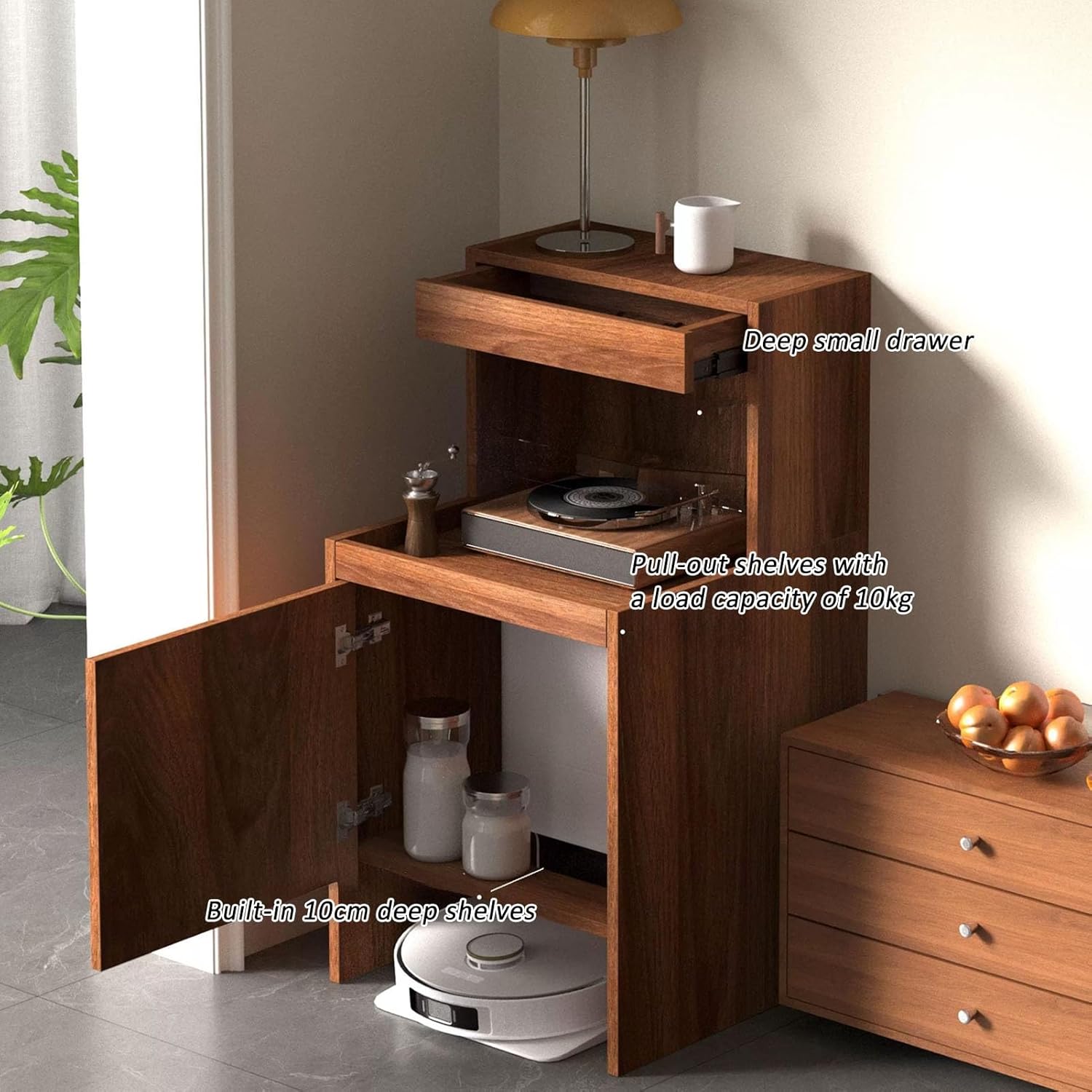 JKGHK Wood Robot Vacuum Stand Cabinet, Storage Cabinet with Doors and Drawers for Robot Vacuum Cleaner, Freestanding Rack for Living Room Home Office Kitchen(Gray,25.6in/65cm)