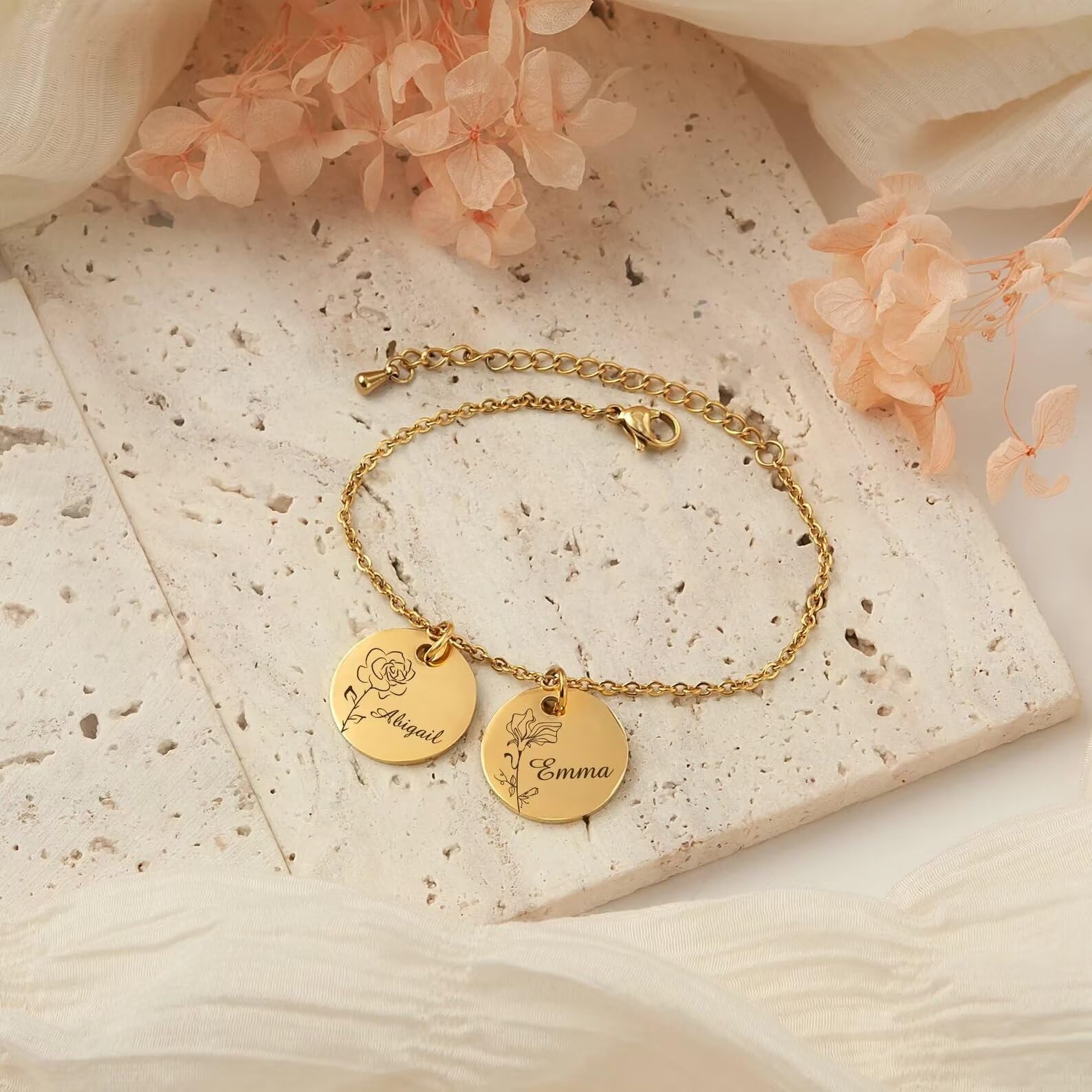 Regalo per la mamma - Bracciale personalizzato con fiore e nome - Catena con braccialetto di fascino personalizzato - Braccialetto di famiglia Regalo per la mamma Gioielli personalizzati