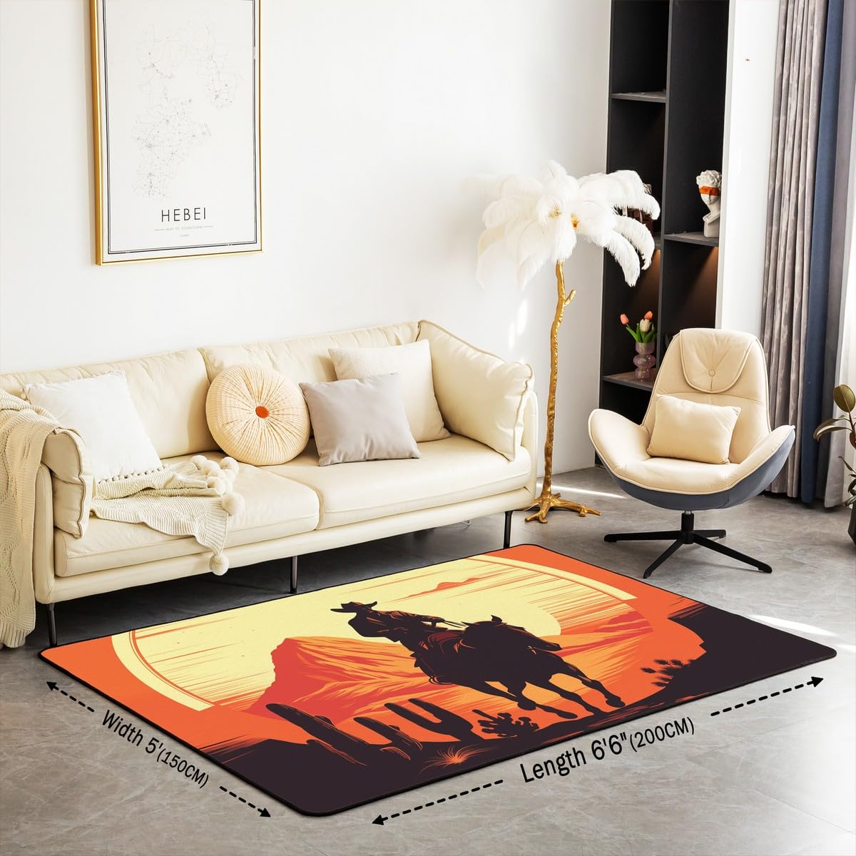 Homemissing Western Decor Area Rug 150 * 200cm for Boys Girls Wild West Cowboy Decorative Rug Rodeo Cowboy Style Living Room Rugs Non-slip Room Decor Grunge Design Indoor Floor Mat Red Yellow - Image 2