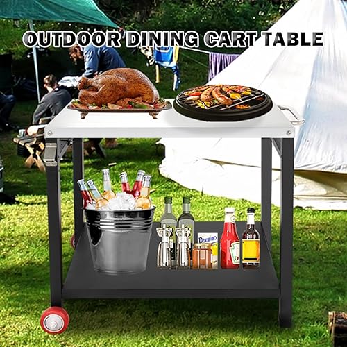 Miniatura 2 de Carrito de parrilla para horno de pizza al aire libre, mesa de comedor con ganchos para ruedas y mango lateral, mesa de cocina móvil al aire libre
