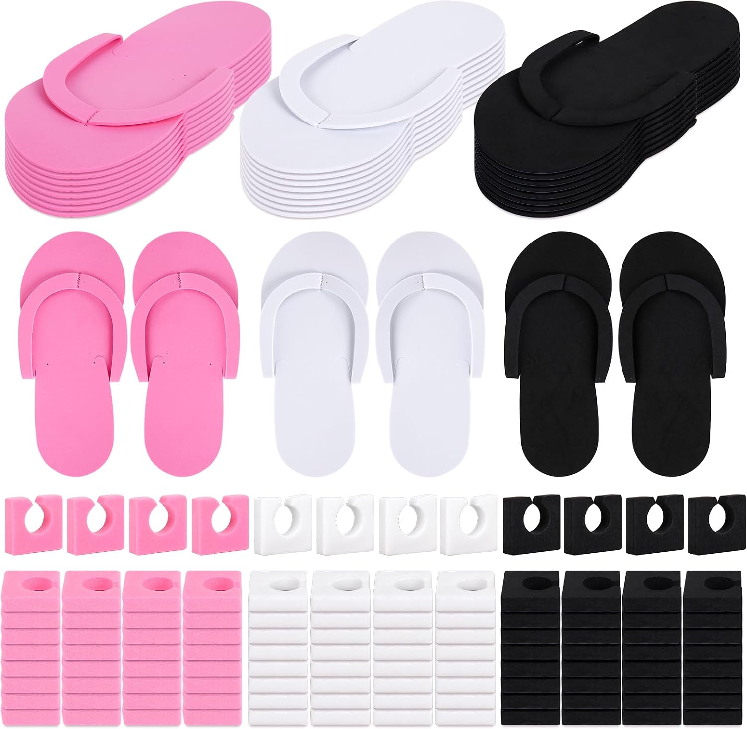 Whaline 180 Pairs Disposable Pedicure Slippers with Toe Separators 60 Pink White Black Foam Flip Flops 120 Toe Separators for Women Nail Spa Party Supplies