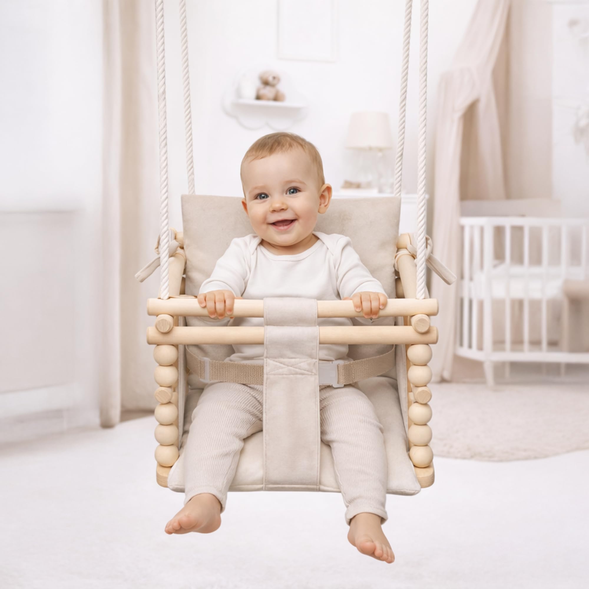 MAMOI® Huśtawka dziecięca 3 w 1 + PAS BEZPIECZEŃSTWA | Regulacja wysokości 190-260cm | Drewniana huśtawka dla dzieci | Wewnętrzna huśtawka dla dzieci do domu | CE | 100% ECO | Wyprodukowano w UE