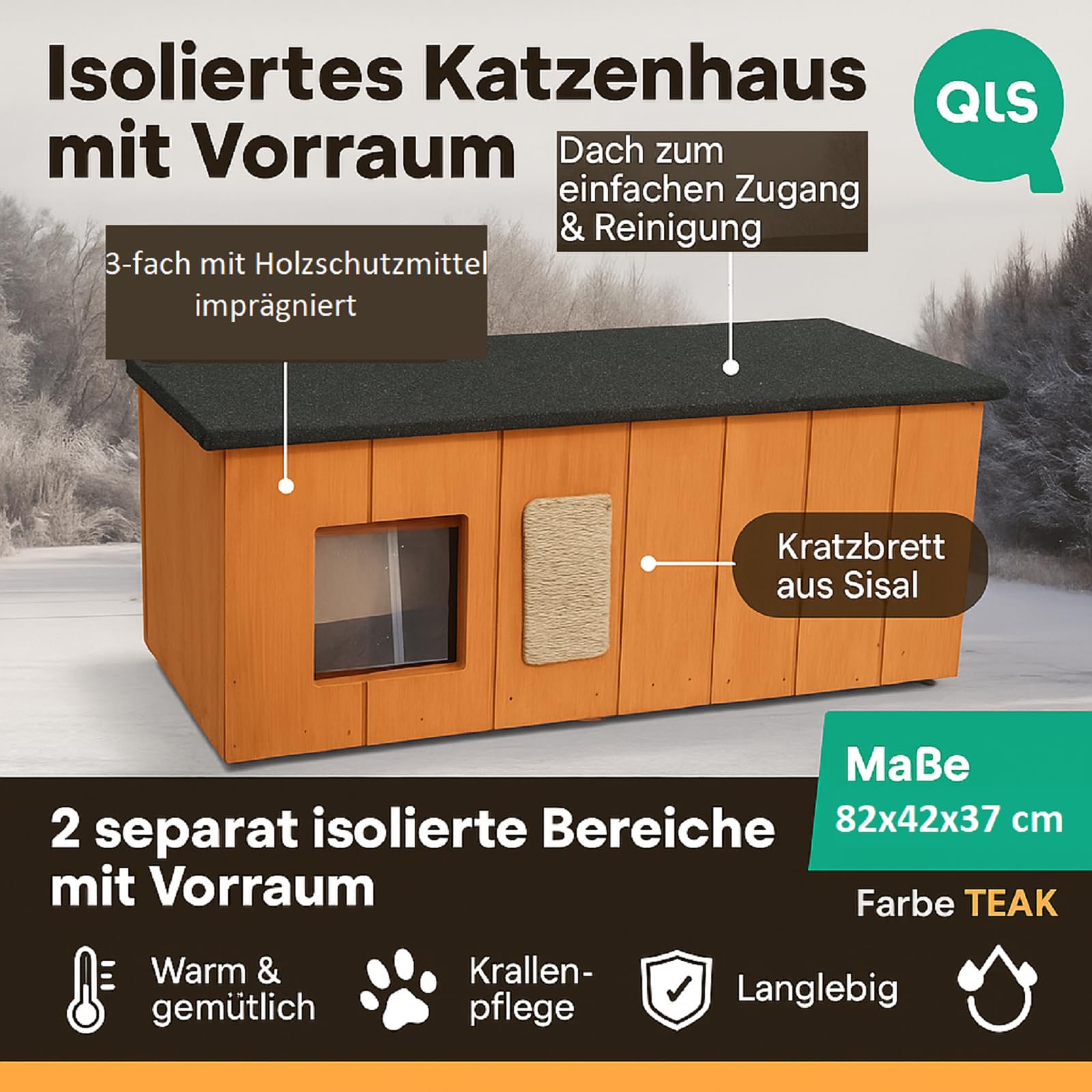 QLS Katzenhaus aus Holz mit Vorraum isoliert 86 x 47 cm Teak | Mit Hauptkammer, Vorraum, aufklappbarem Dach und 2 cm Styroporisolierung. Inklusive Sisal-Kratzbrett und Lamellenvorhang