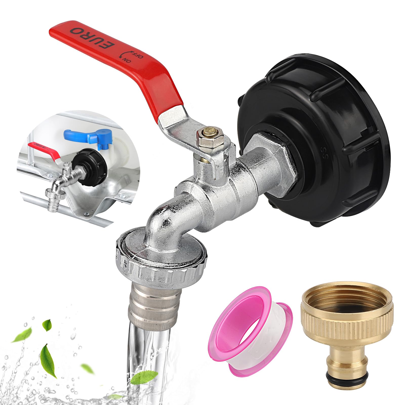 hicoosee IBC Tank Tap 1/2" S60x6 Brass Hose Connector, Leakproof Water Butt Valve for 1000L IBC Container, Replacement Garden Hose Adapter