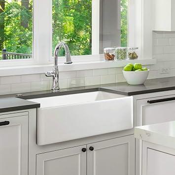 Fireclay Sink, Single Bowl Farmhouse Apron Kitchen Sink, White, 30"