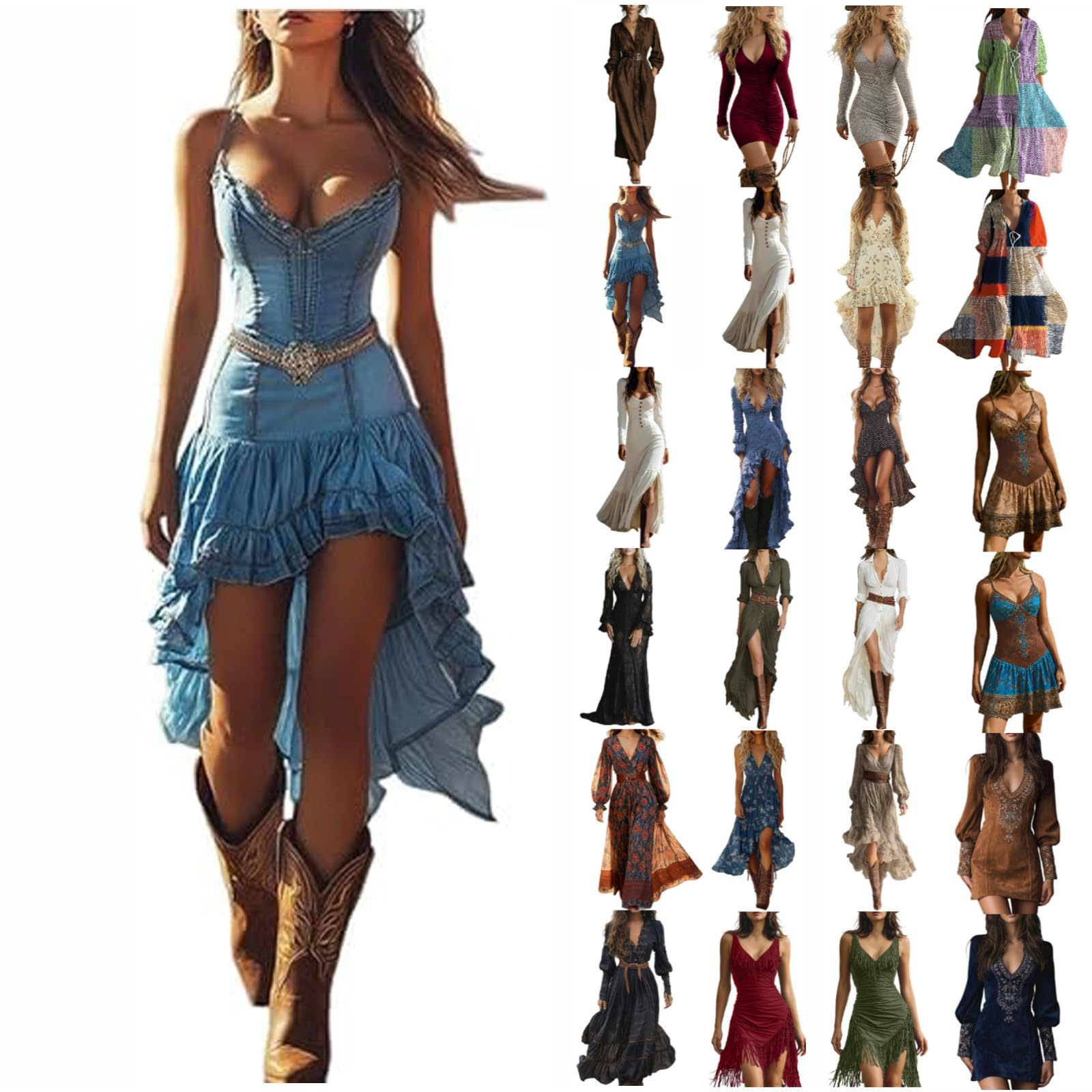 Cowgirl Dresses Womens Retro Western Cowboy Outfits Long/Short/Sleeveless Sleeve Vintage Dresses Country Western Dress Women Concert Party Going Out Vacation Special Occasions Elegant Dress Blue