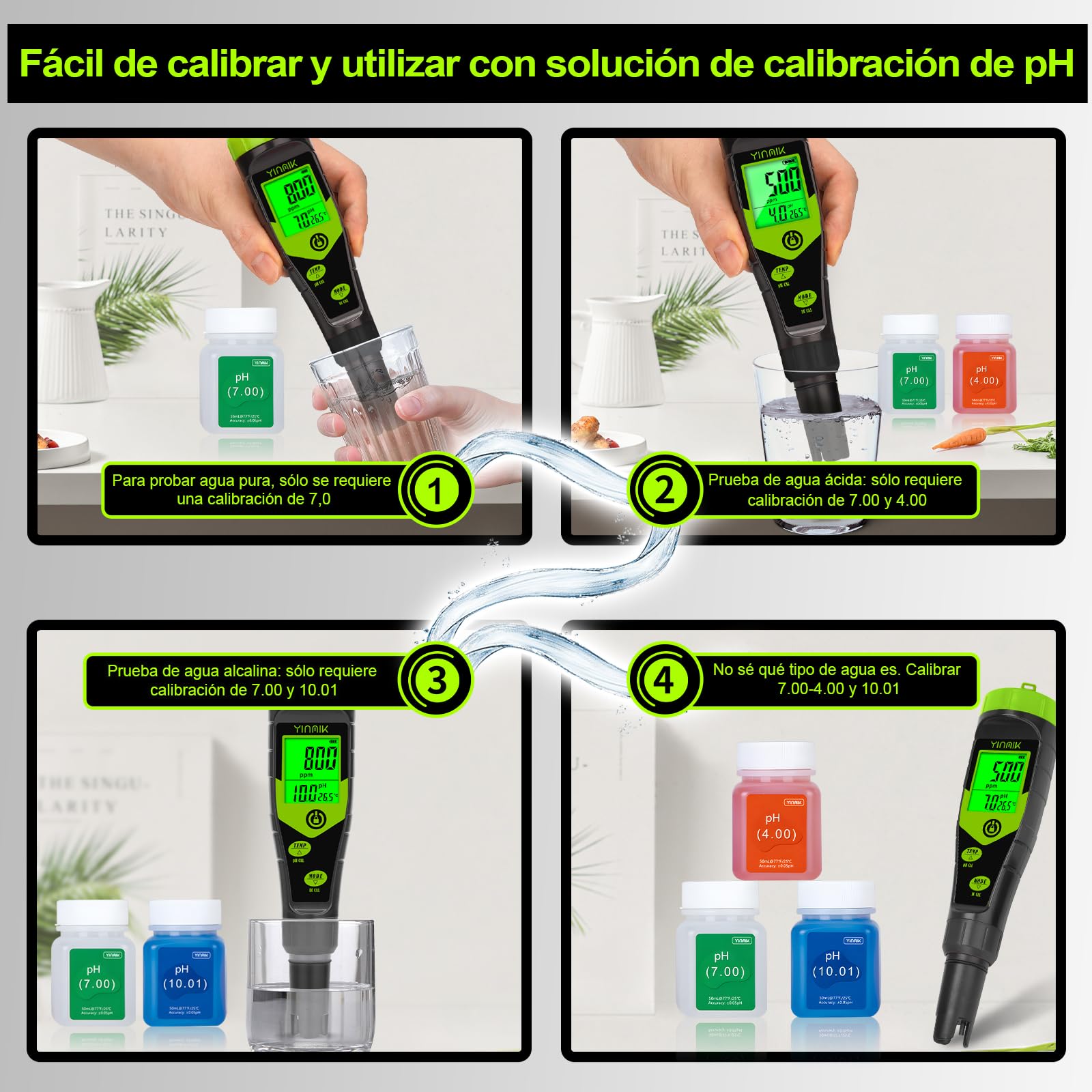 YINMIK Medidor de pH y TDS Digital 4 en 1, Probador de pH PPM Conductividad con Solución de Calibración para Piscina Agua Potable