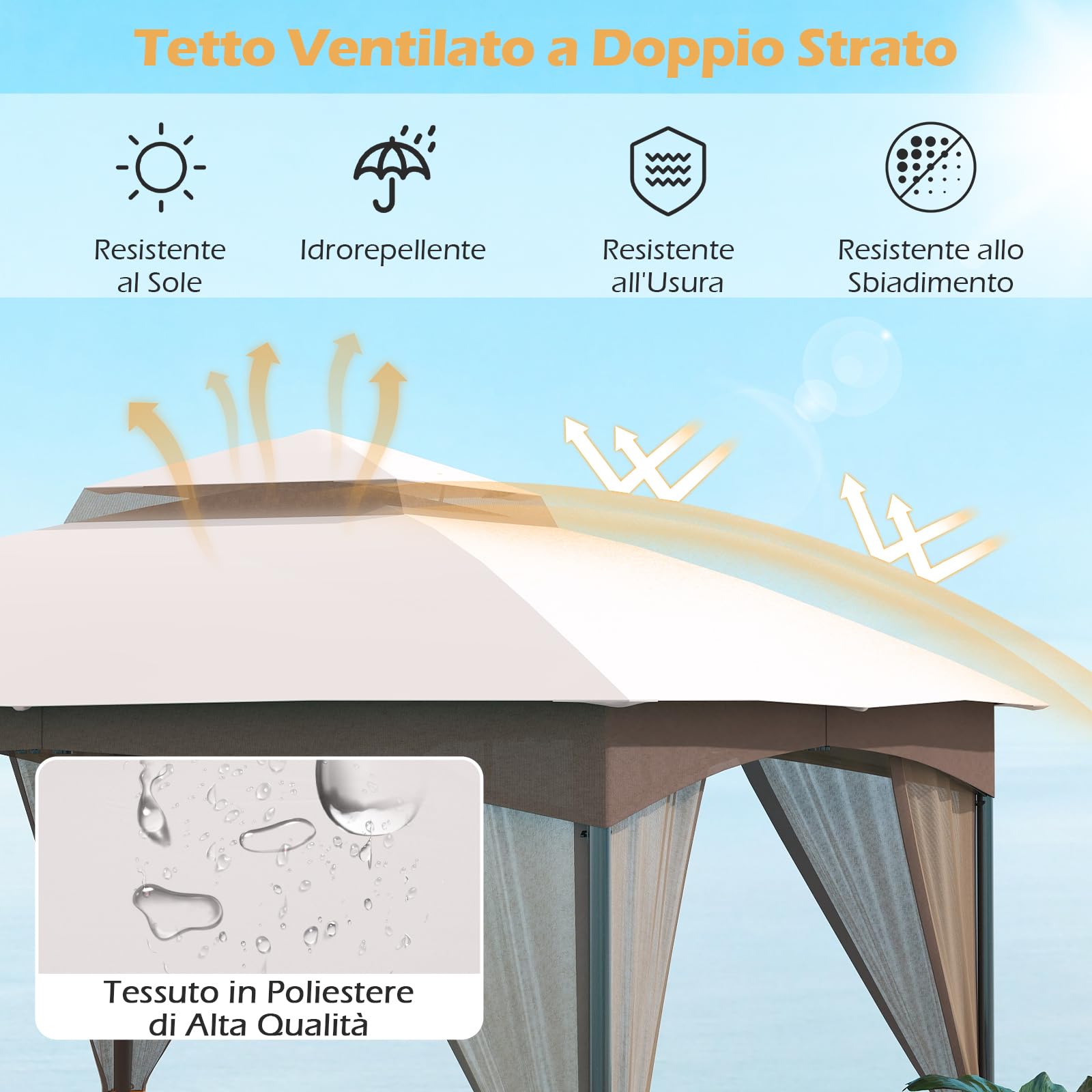 RELAX4LIFE Pergola da 3 x 3 m, con Zanzariera, Padiglione Idrorepellente con Doppio Tetto, Gazebo da Giardino con Telaio in Metallo, 8 Picchetti per il Terreno, 4 Sacchi di Sabbia (MARRONE)