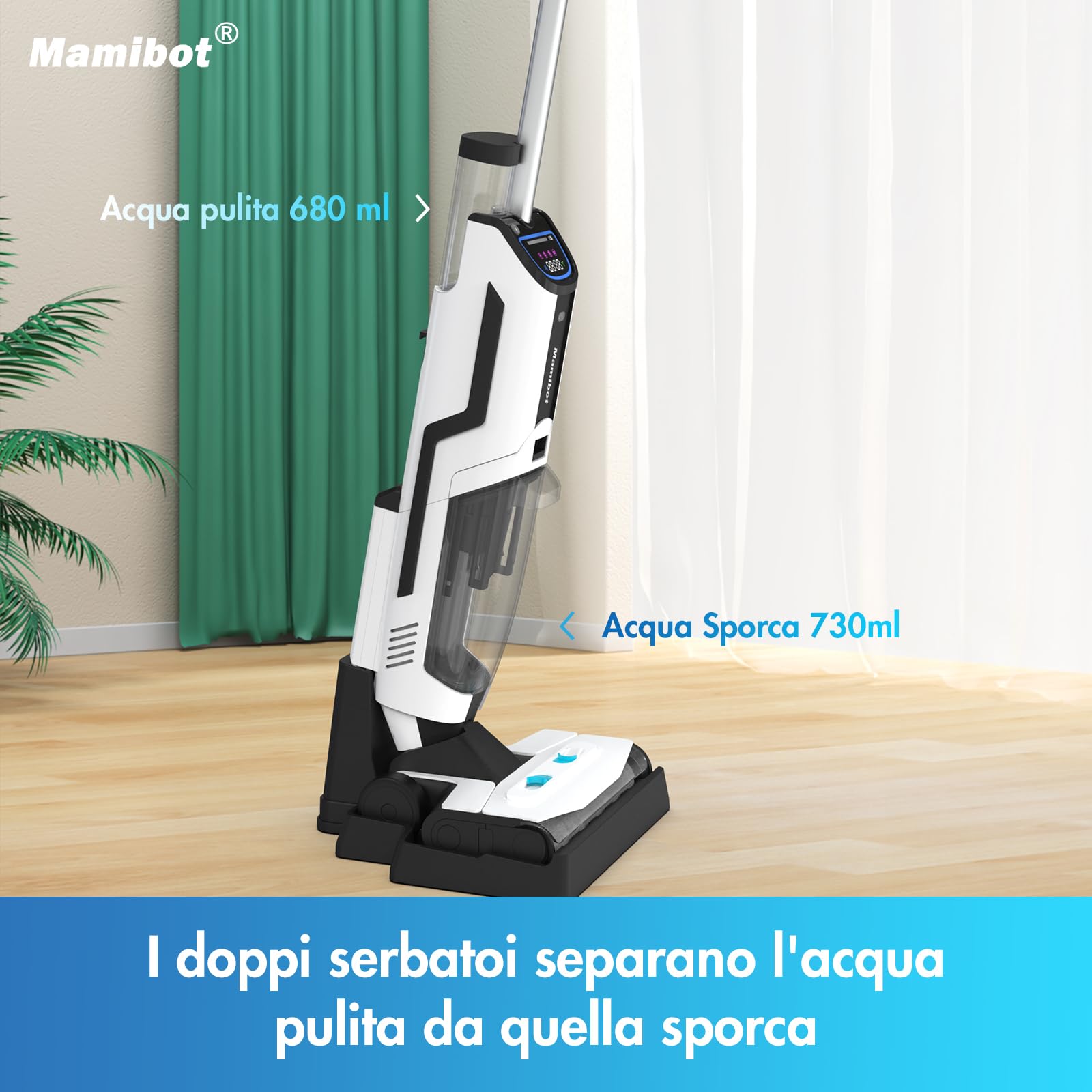 Mamibot FLOMO I PLUS Aspirapolvere a secco a umido multifunzione con funzione autopulente 30 minuti di autonomia LED indicatore lampada UV, colore superficie lavaggio aspirapolvere