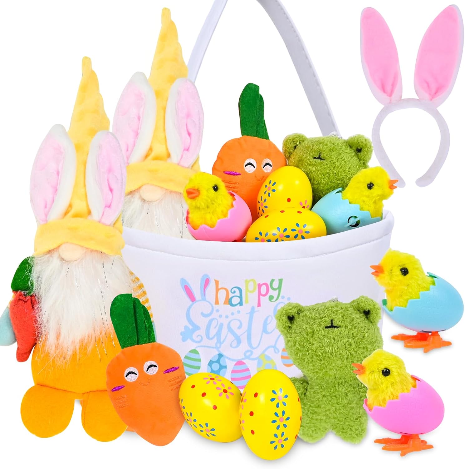 9 Pcs Baby My First Easter Basket, Pre-made Easter Basket Stuffers Toys for Easter Party Favors, Plush Easter Gifts for Toddlers Girls Boys - Includes Bunny Headband