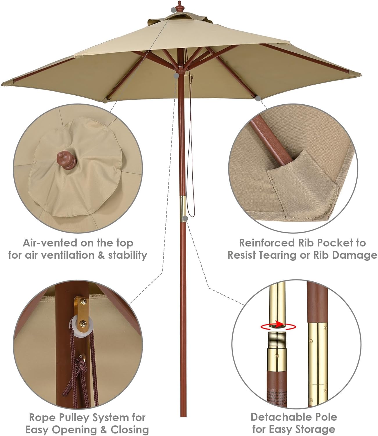 Yescom Compact 7ft Coastal Solid Wood Market Umbrella Windproof Weather-resistant Commercial Retro Stand Included for Sidewalk Cafe Restaurant Space-Saving