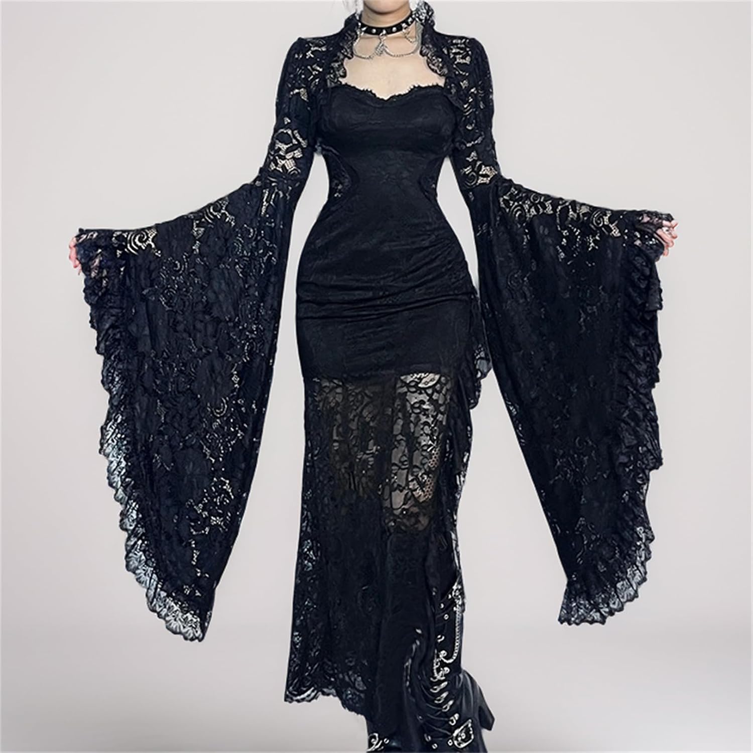 Women Medieval Lace Crop Shrug Top - Flared Long Sleeve Floral Sheer Mesh Fairy Bolero Bridal Summer