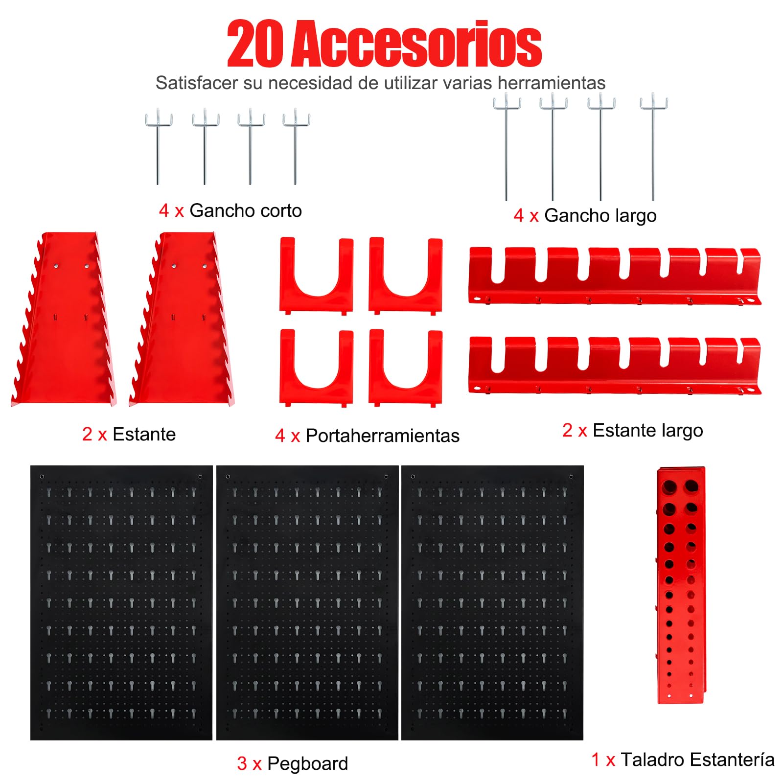 SOARS Pegboard Metal 120 x 60cm, Organizador de Herramienta de Pared, con 20 Accesorios para Taller y Garaje