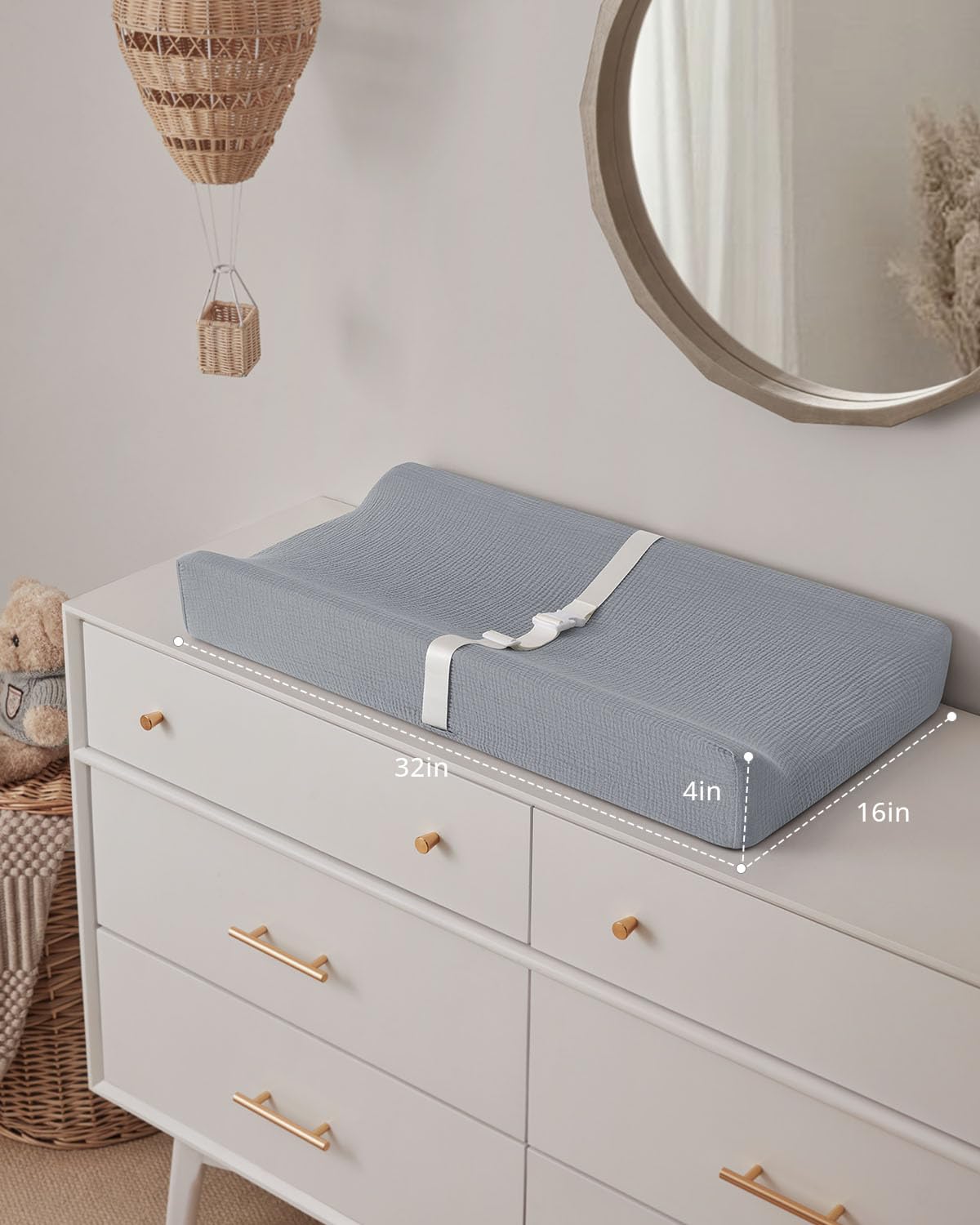 Blissful Diary Muslin Baby Changing Pad with Waterproof Lining Foam, Diaper Changing Table Pad with Cover for Dressers (Gray, Rectangular)