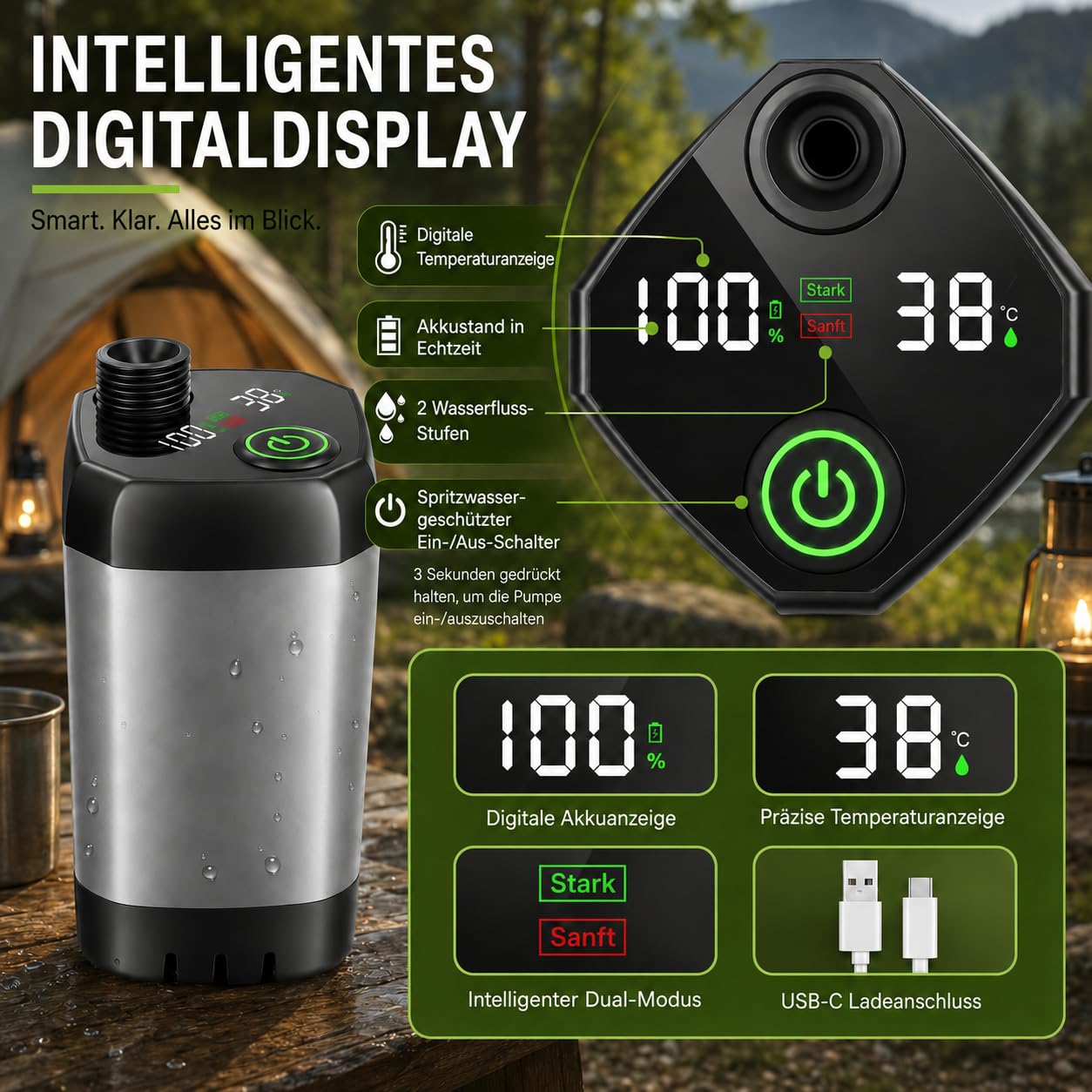 Romicta Tragbare Campingdusche mit wiederaufladbarem 6000mAh Akku & LED-Anzeige – Faltbarer Eimer 4 Sprühmodi IPX7 wasserdichte Pumpe ideal für Wandern Reisen Autofahren Haustiere Outdoor-Aktivitäten
