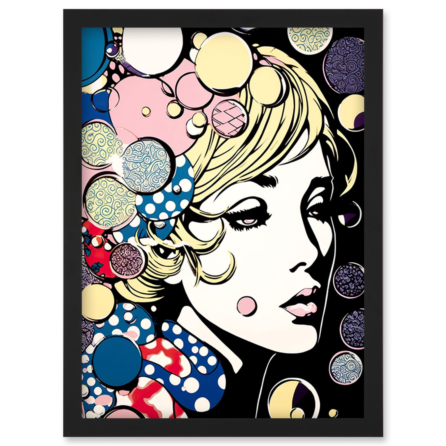 Artery8 Modern Woman Blonde Portrait Pop Art Bubbles Patterns Colourful Comic Book Halftone Artwork Framed Wall Art Print A4