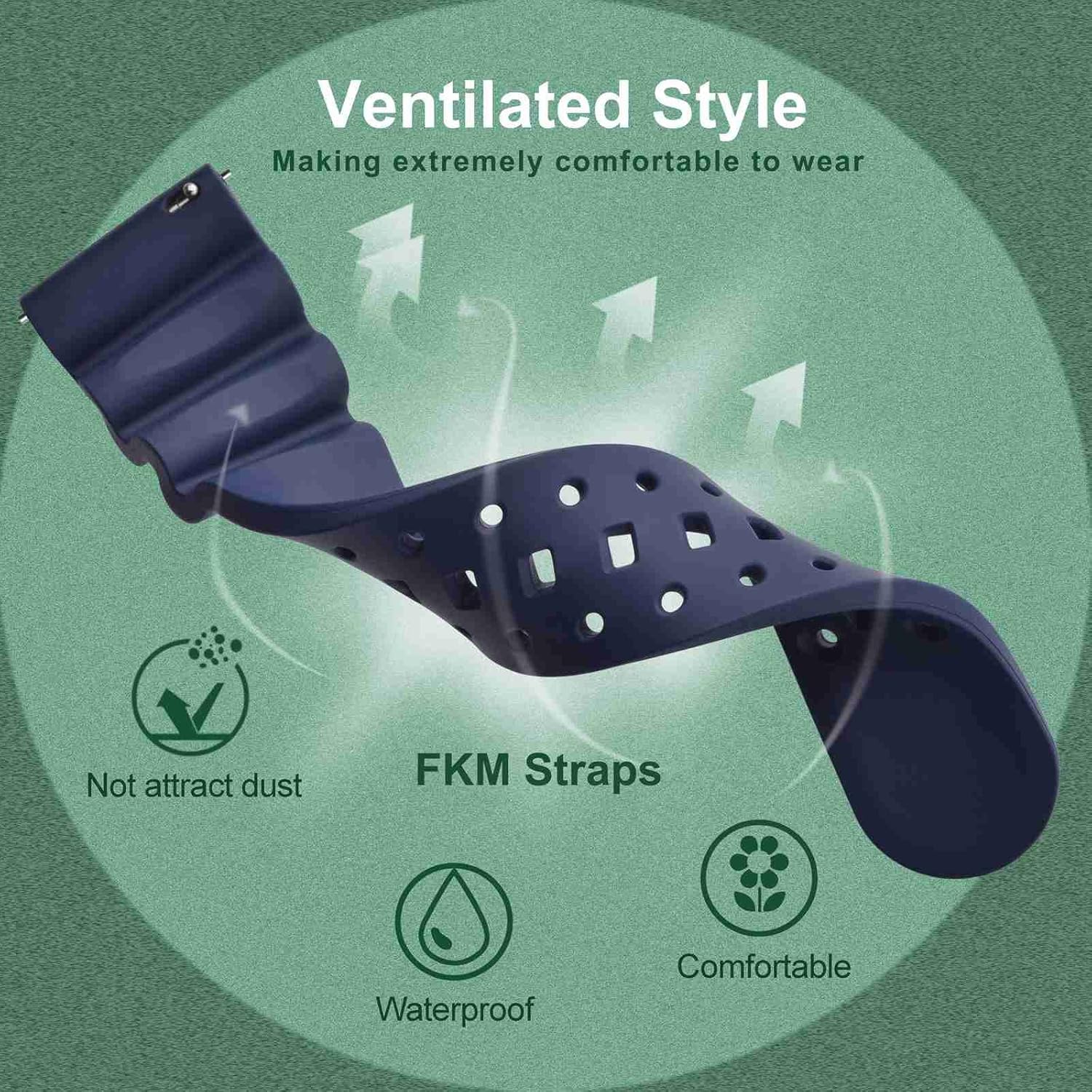 WOCCI 20mm Ventilated Watch Band for Men, FKM Rubber, Silver Buckle (Navy Blue) - Image 2