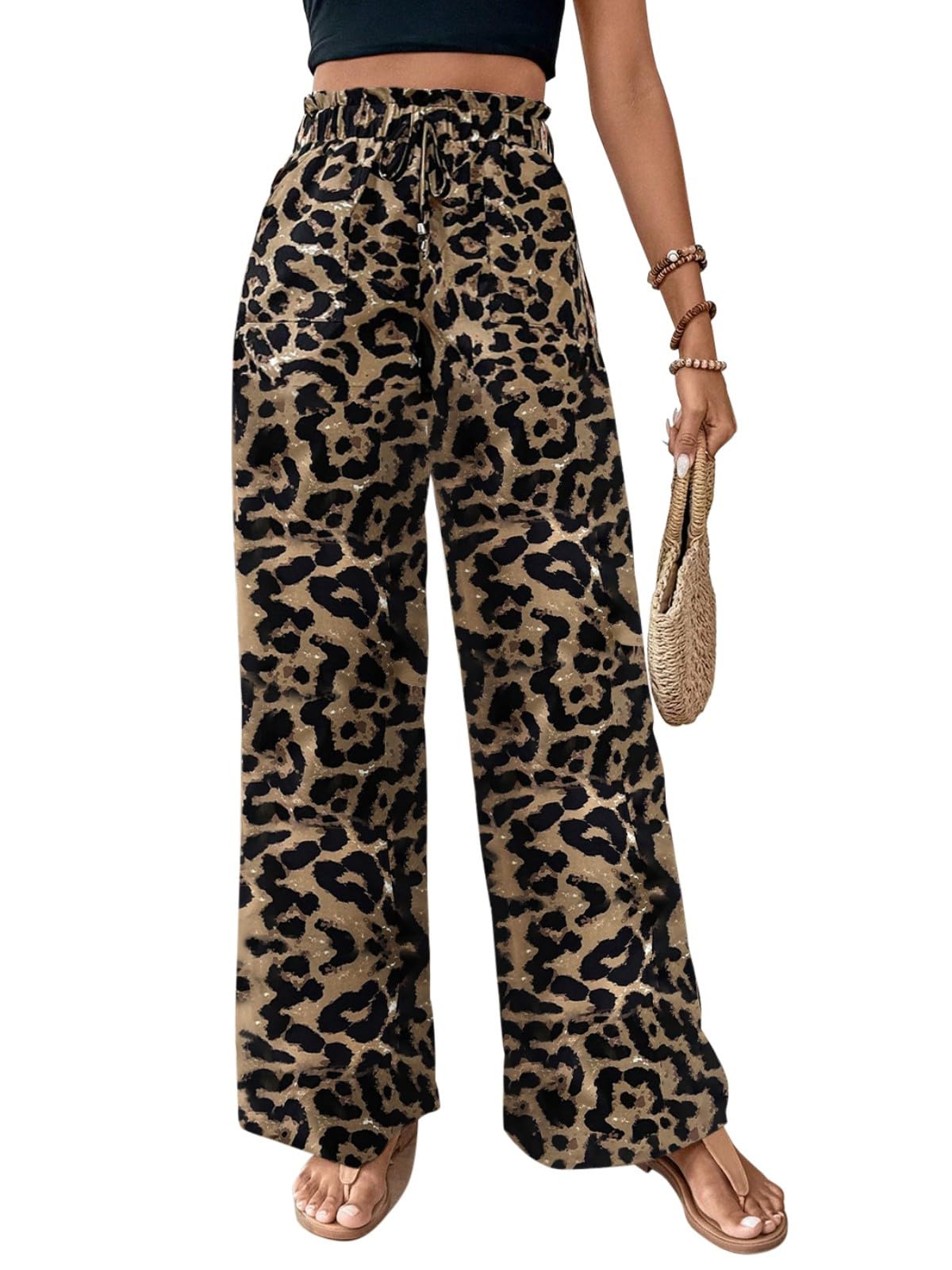 Nicetage Womens Leopard Print Wide Leg Pants High Waisted Stretchy Palazzo Trousers Beach Vacation Clothes Summer Outfits
