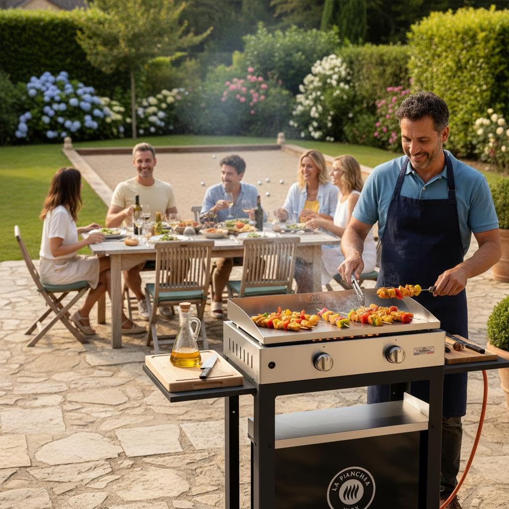 LE MARQUIER La Plancha INOX Duo Edition : Plancha 260 Gaz + Chariot Noir + Couvercle INOX+ Porte Épices Et Rideau