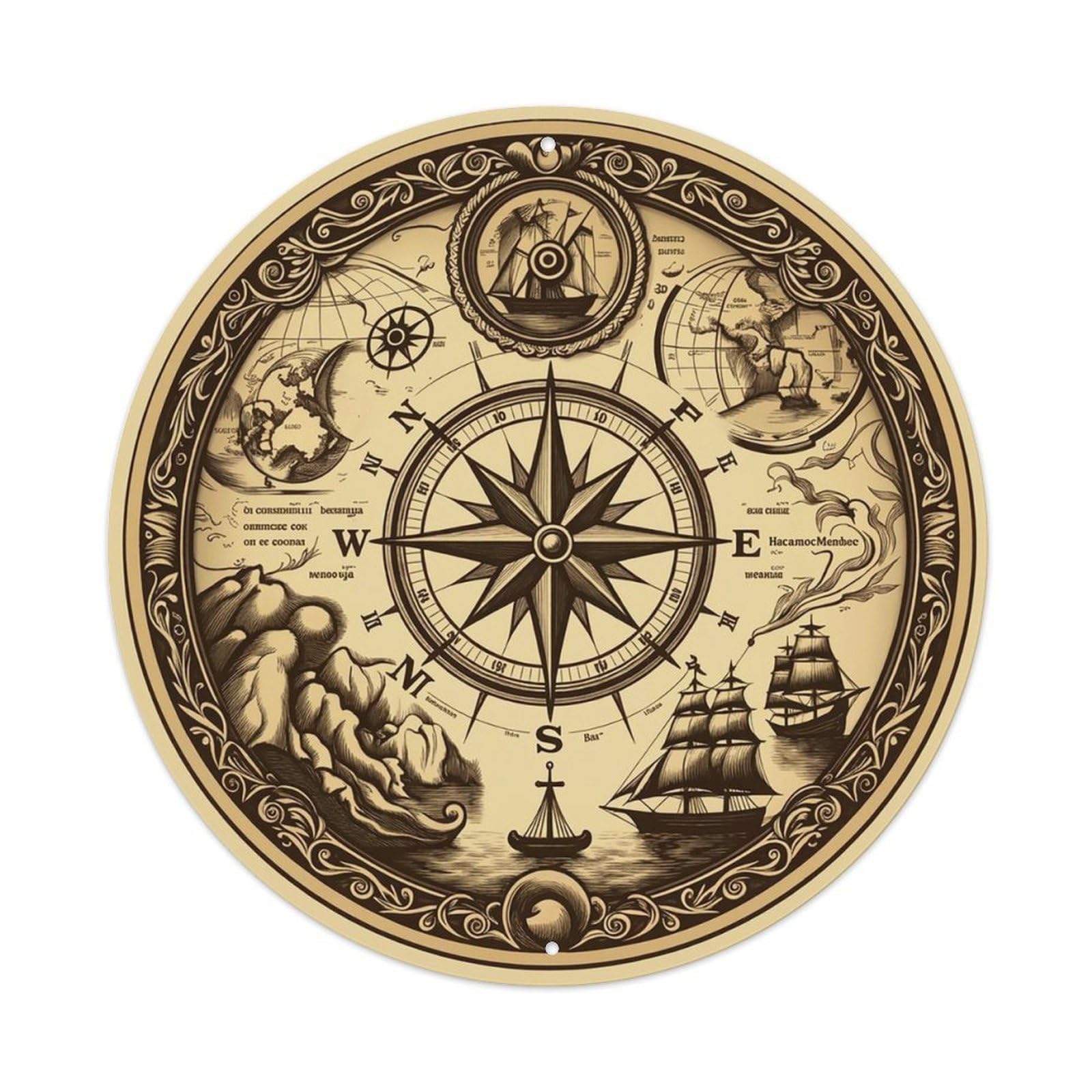 Vintage Nautical Compass World Map Parchment Chronicle Metal Tin Sign