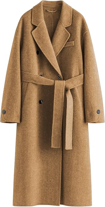 Womens Pea Coats Fall Long Trench Coat Double Breasted Button Down Lapel Belted Peacoat