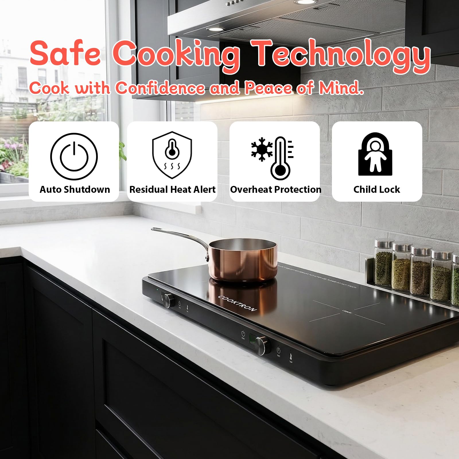 COOKTRON Płyta indukcyjna 2 płyty 3500 W, płyta indukcyjna podwójna, wolnostojąca, 10 poziomów mocy, przycisk dotykowy i obrotowy, timer 99 min, mobilna do kuchni i na kemping
