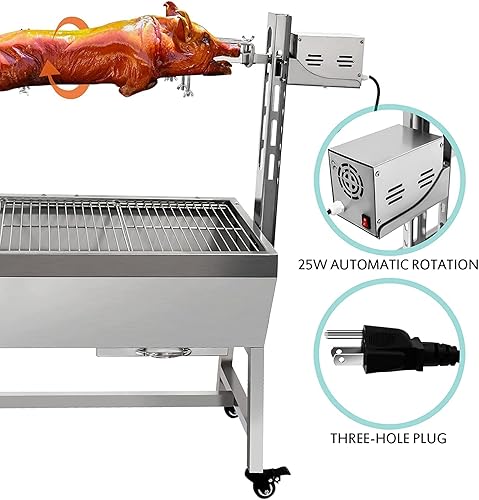 Miniatura 7 de Parrilla asadora de acero inoxidable de 132 libras con protector de cubierta trasera, asador de cordero pequeño con motor de 25 W, asador de carbón