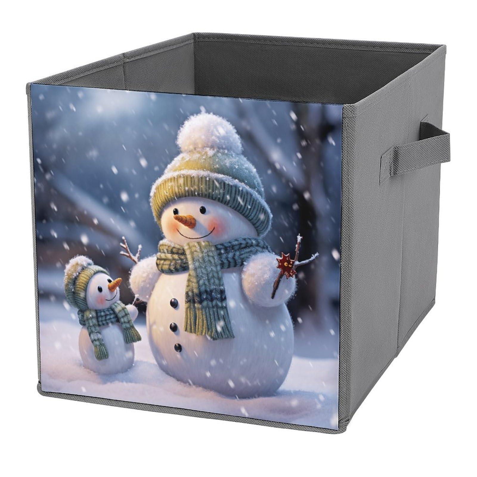 Bac de rangement pliable bonhomme de neige hiver | Boîte avec poignées en cuir pour vêtements et draps