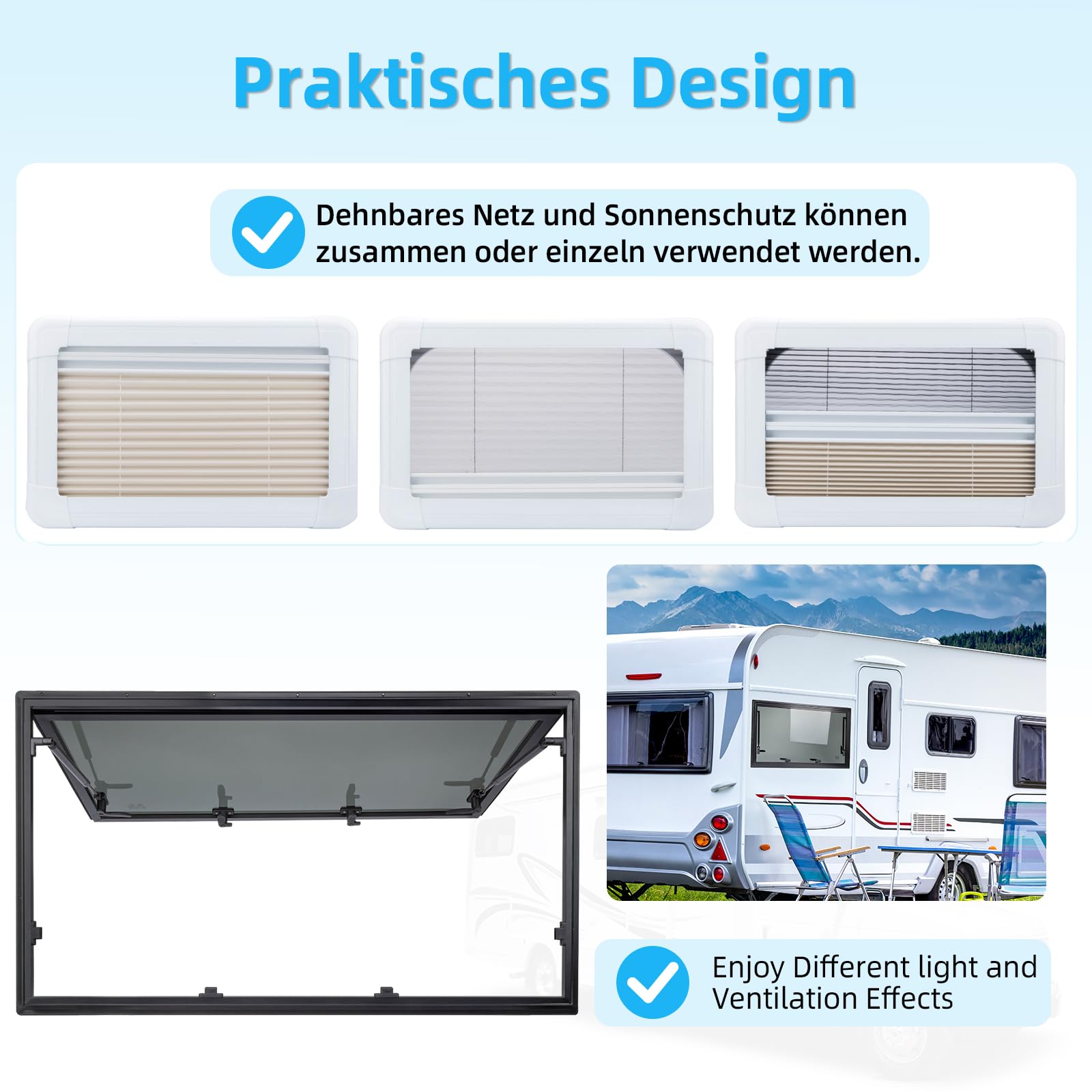 Ausstellfenster Camper 900x500mm, Wohnmobilfenster Seitenfenster mit integriertem Rollo & Fliegengitter, RV Push Fenster für Van, Camper & Wohnwagen Fenster