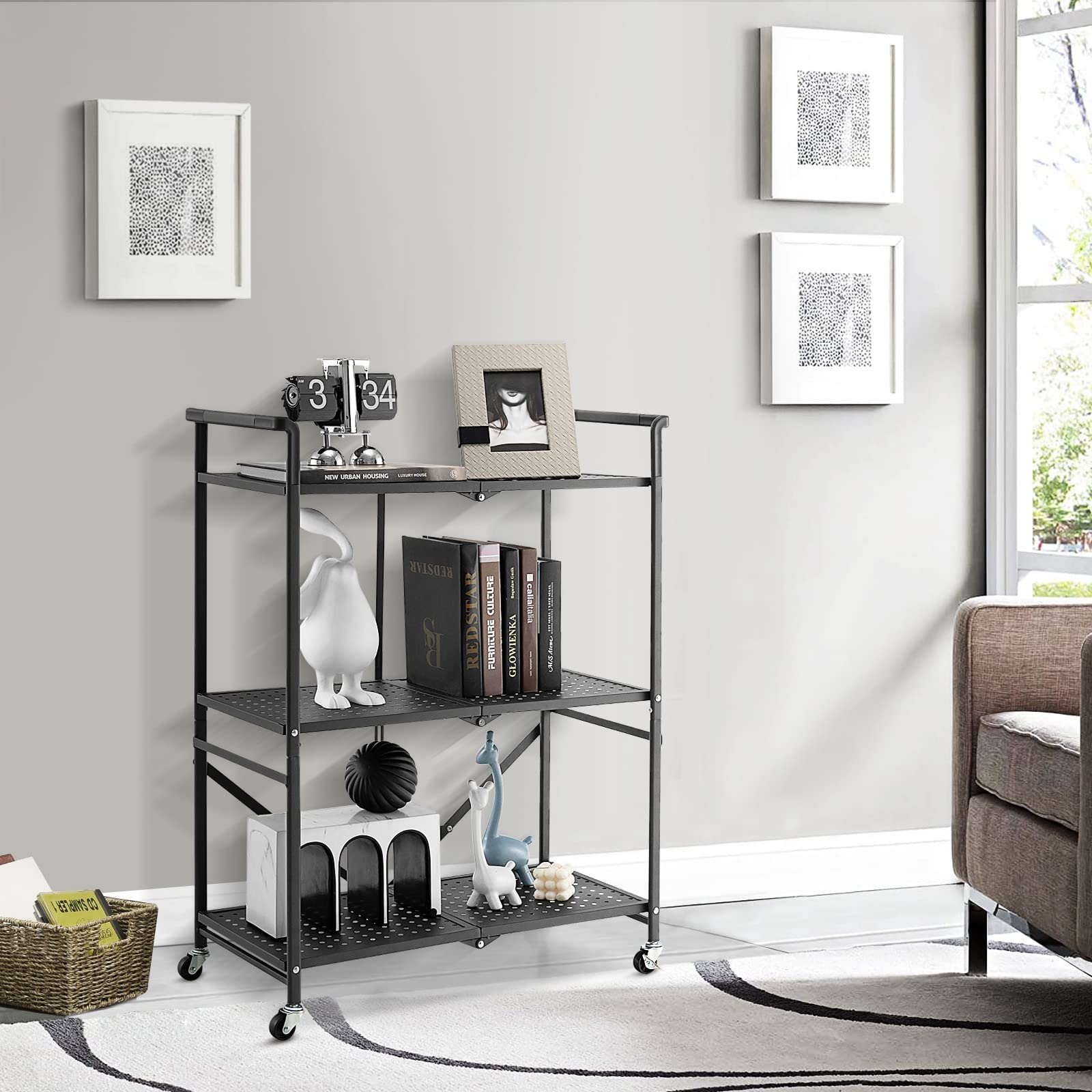 KOMFOTTEU Carrello Cucina Pieghevole a 3 Ripiani, in Mettallo, Scaffale Cucina con Ruote, Scaffale per Microonde, Forno, Tostapane, Carrello di Servizio Salvaspazio, 73 x 33 x 94 cm, Nero