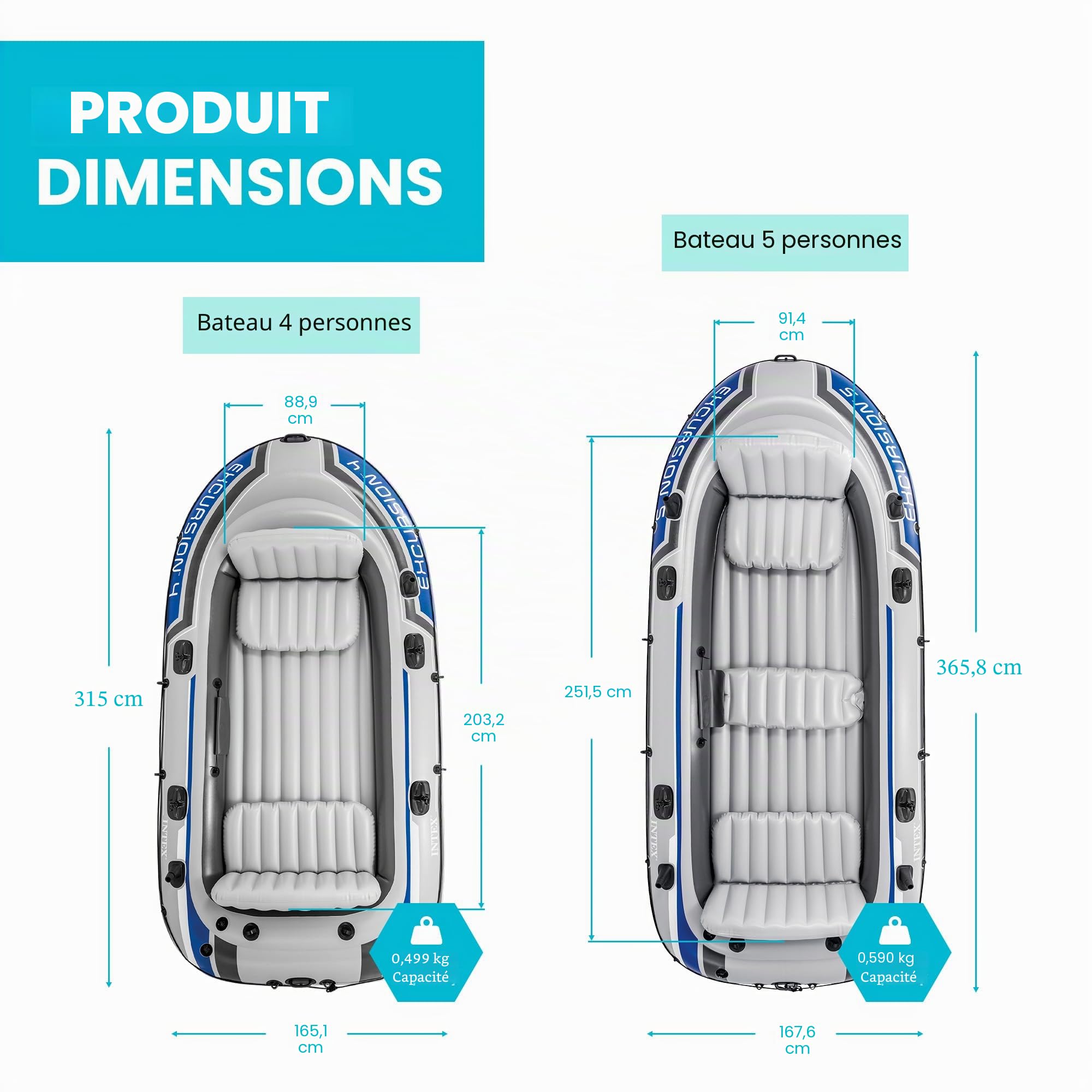Intex Excursion 4 Bateau gonflable pour 4 personnes avec rames en aluminium et pompe à air à haut rendement