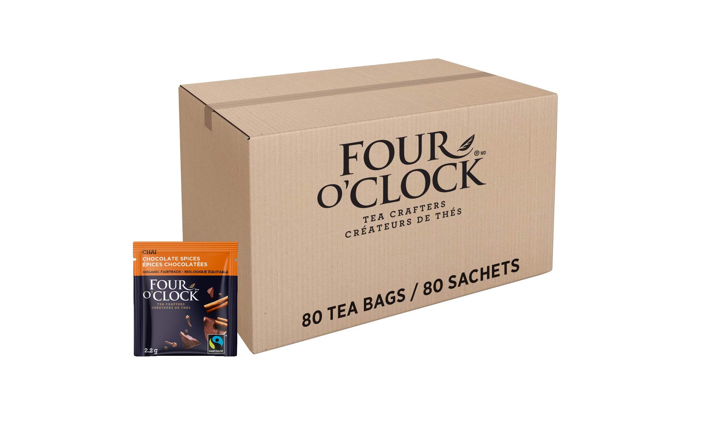 Four O'Clock Organic Fairtrade Chai Tea Chocolate Spice, Non-GMO, Kosher, Gluten-Free, 80 Count, 376g