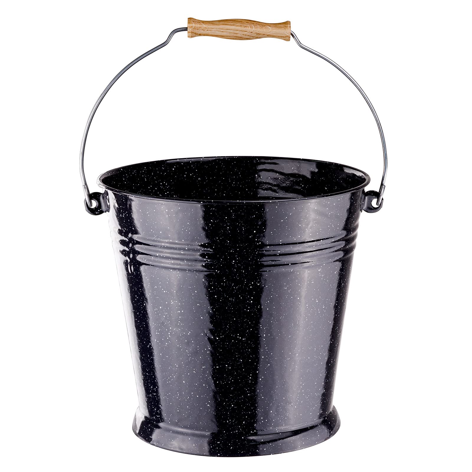 Emaliowany kominek, wiadro na popiół, wiadro na węgiel, dekoracja w stylu wiejskim, 10 l, kolor czarny, emaliowany, z drewnianym uchwytem