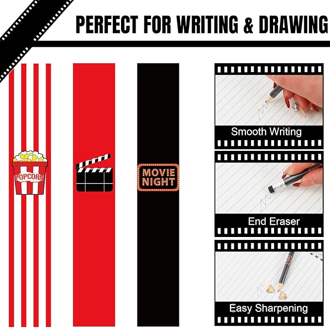Lápiz de grafito con goma de borrar, 36 piezas, tema noche de cine, color rojo y negro, tamaño 4 pulg. miniatura 4