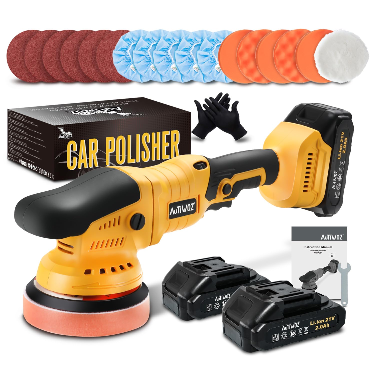 AUTIWOZ Pulidora Batería 21V,Máquina Pulido Sin Cable/Excéntrico 9mm,Pulidora Profesional para Automóviles,Velocidad Variable 2800-5800RPM,Pulido y Lijado,2 Baterías,Esponja de Pulido 125mm