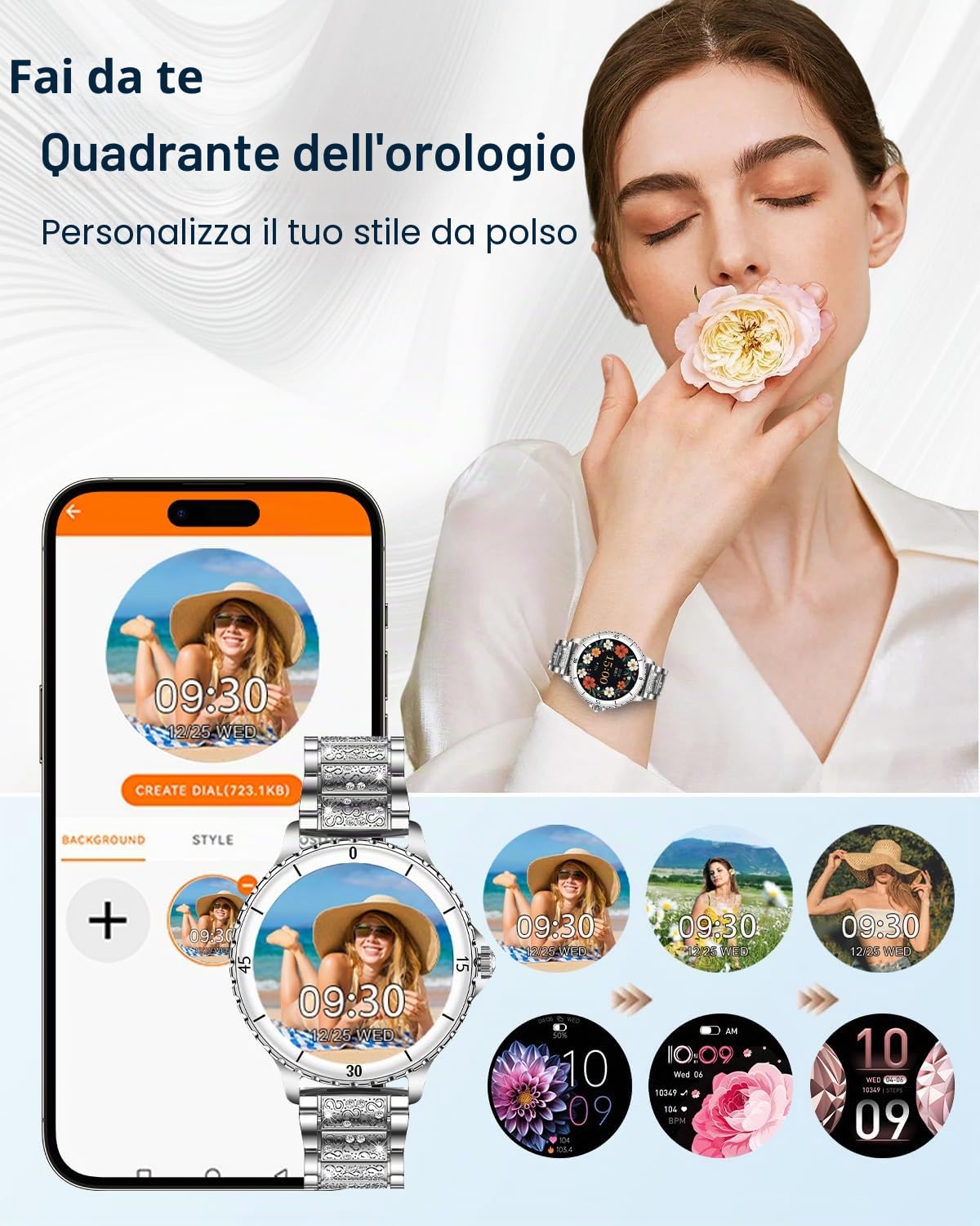 Smartwatch Donna Chiamate Bluetooth, 1.27" Orologio Smart Watch Rotondo con Cinturino di Diamante, Compatibile Android/iOS, IP68 Impermeabile Fitness Trackert con Cardiofrequenzimetro Sonno, Argento