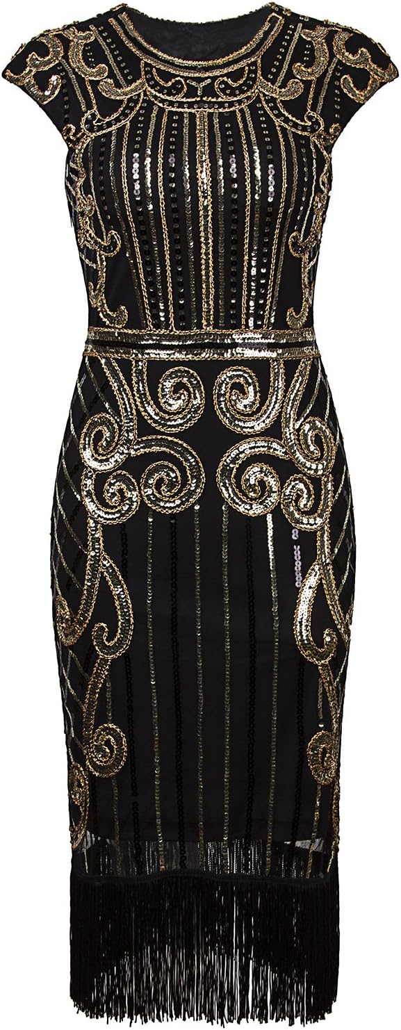 Vijiv 1920s Vintage Inspired Sequin Embellished Fringe Long Gatsby Flapper Dress