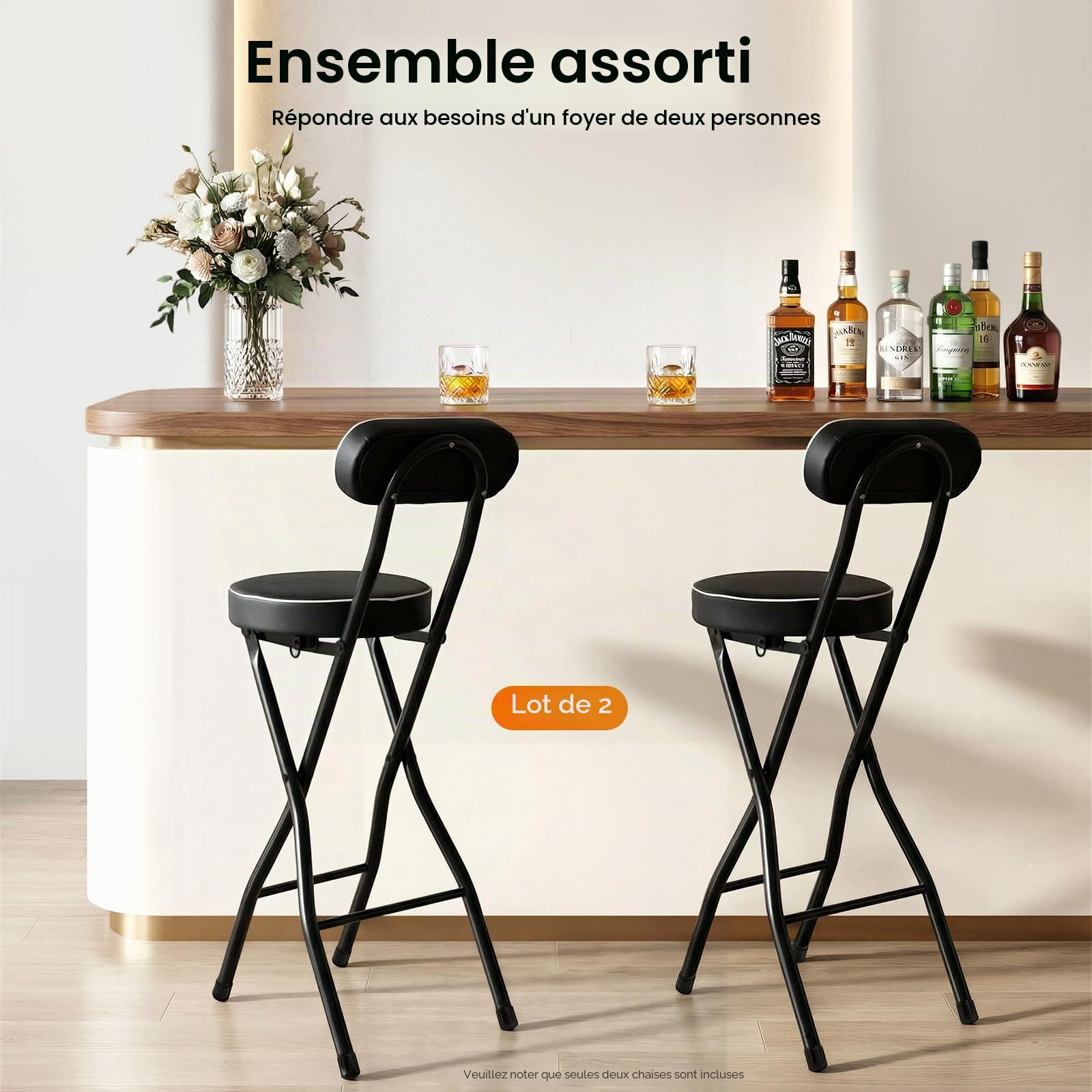 Lot de 2 tabourets de bar pliables - Charge maximale : 125 kg - Hauteur réglable : 65 cm - Avec coussin en polyuréthane et verrouillage de sécurité - Pour bar, camping et jardin - Noir