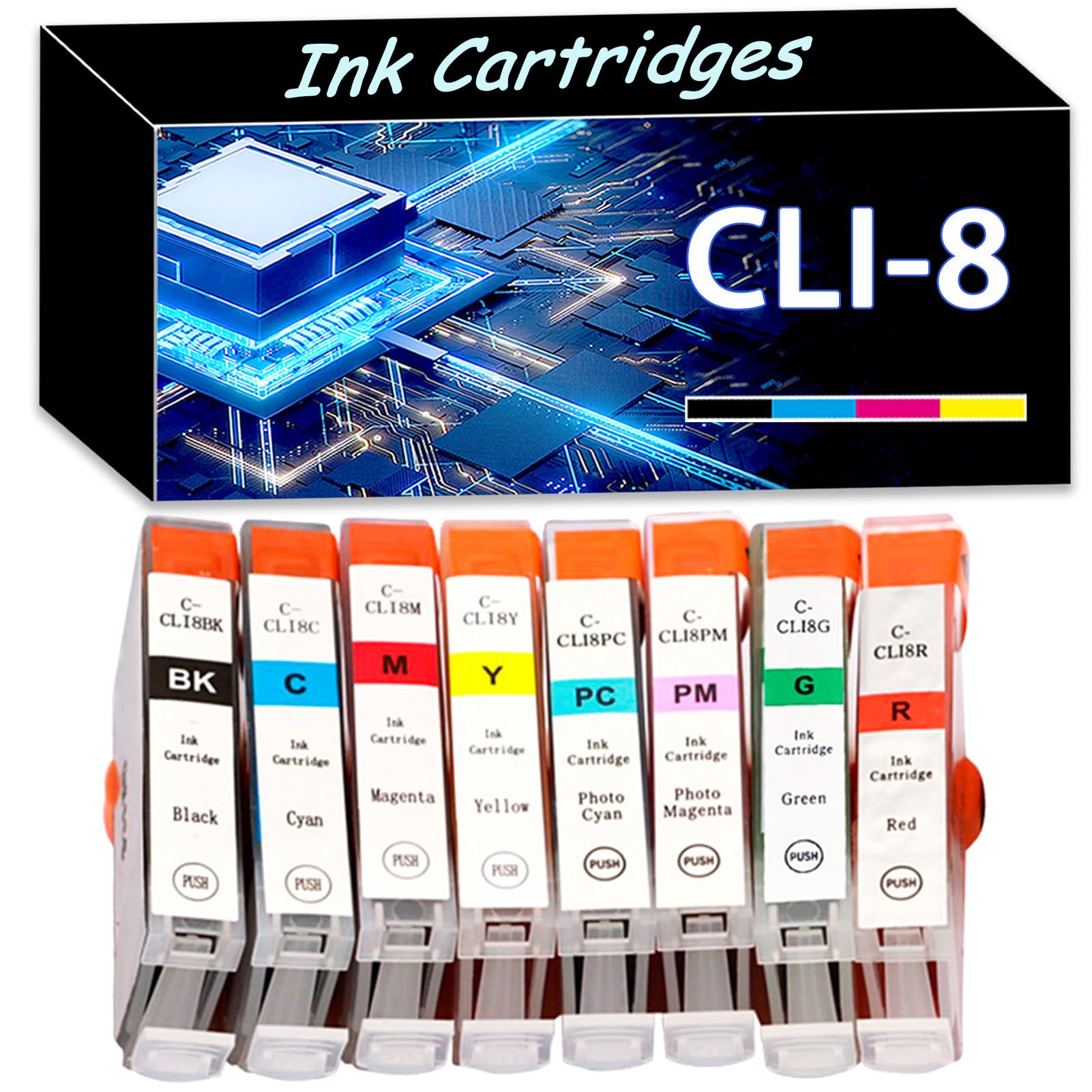 AIRLUG Compatible for Canon CLI-8 BK/C/M/Y/PC/PM/R/G Ink Cartridges for IP4200 IP4300 IP4500 IP5200 IP5300 IP6600D IP6700D MP500 MP530 MP830 MP950 MP960 Pro9000 Printer 8-Pack