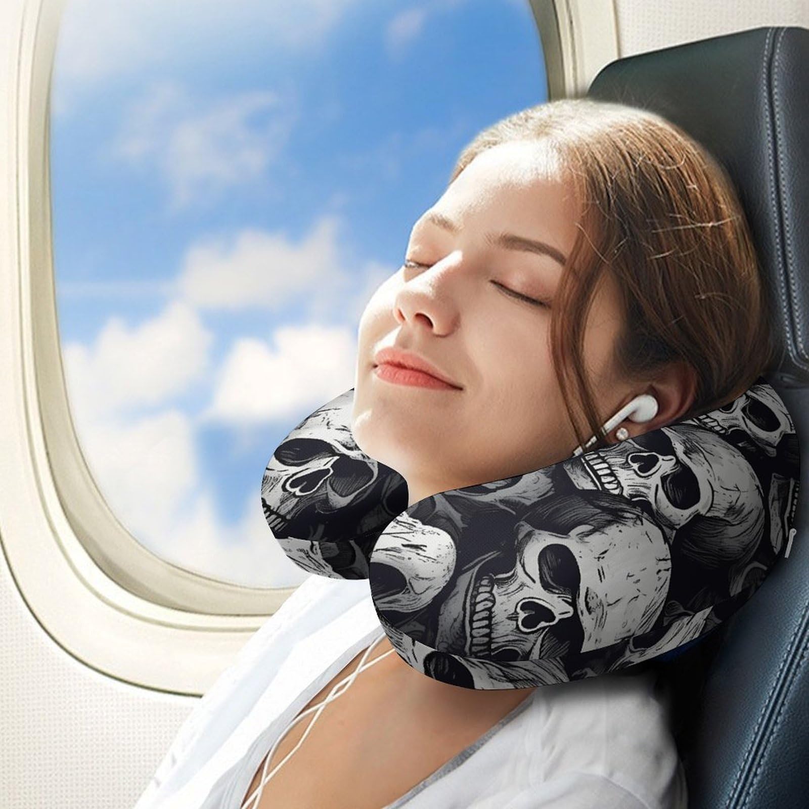Almohada en forma de U con patrón de calaveras 1, núcleo de almohada de espuma viscoelástica, cojín, proporciona apoyo para el cuello, almohada de viaje, adecuada para aviones, coches