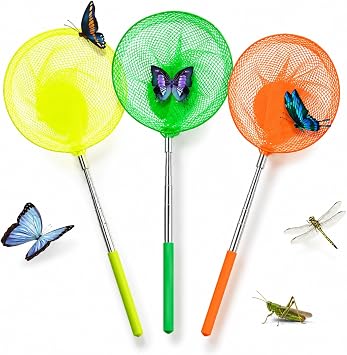 Telescopic Butterfly Net 3 Pack, 32-Inch Stainless Steel Handle | 3 assorted-color nets with 32-inch stainless steel telescopic handles for garden observation, pond sampling and small fish