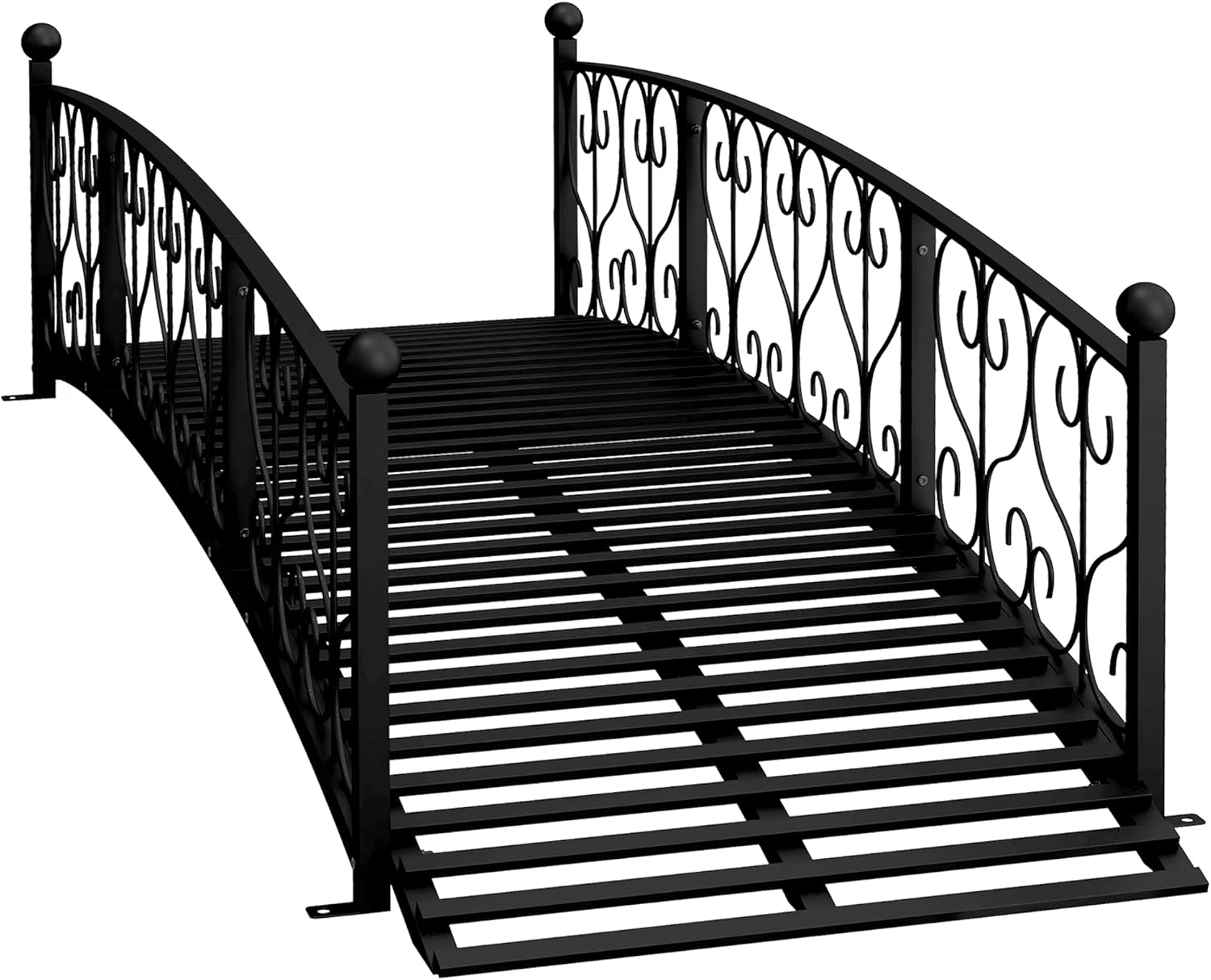 7' Metal Arch Garden Bridge with Safety Siderails, Decorative Arc Footbridge with Delicate Scrollwork S Motifs for Backyard Creek, Stream, Fish Pond, Black