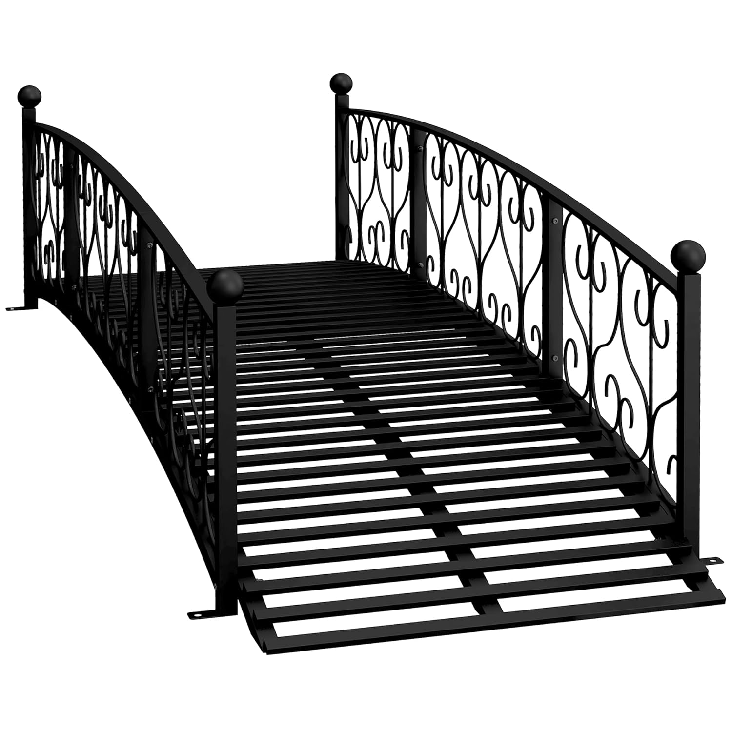 7' Metal Arch Garden Bridge with Safety Siderails, Decorative Arc Footbridge with Scrollwork S Motifs for Backyard, Creek, Pond, Black, 528 lbs Capacity