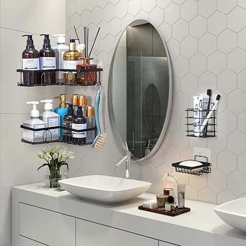 Miniatura 4 de Corner Shower Caddy, 4-Pack Adhesive Shower Caddy with Soap Holder and 12 Hooks, Rustproof Stainless Steel Bathroom Shower Organizer, No Drilling