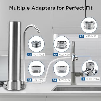 Countertop Tap Water Filter 8000 Gallons SUS304 Stainless Steel Faucet Water Filtration System Washable Ceramic Filter Reduces 99% Chlorine, Heavy Metals, Sediment, Bad Taste (1 Filter Included)