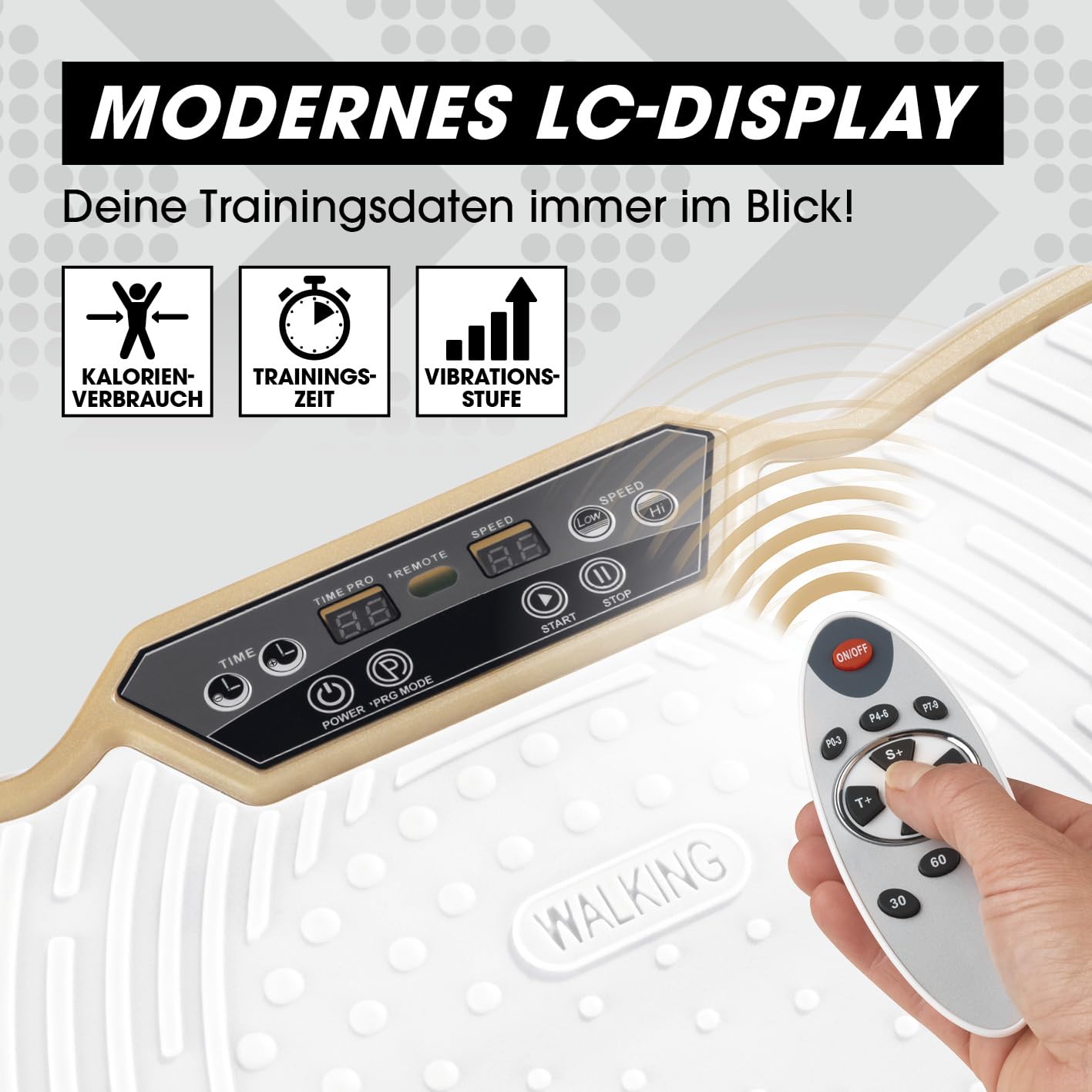 VITALmaxx Vibrationstrainer mit einstellbaren Vibrationsstufen & Programmen | Vibrationsplatte mit Expanderbänder & LCD-Display | Ganzkörpertraining zu Hause, Vibrationsboard inklusive Fernbedienung