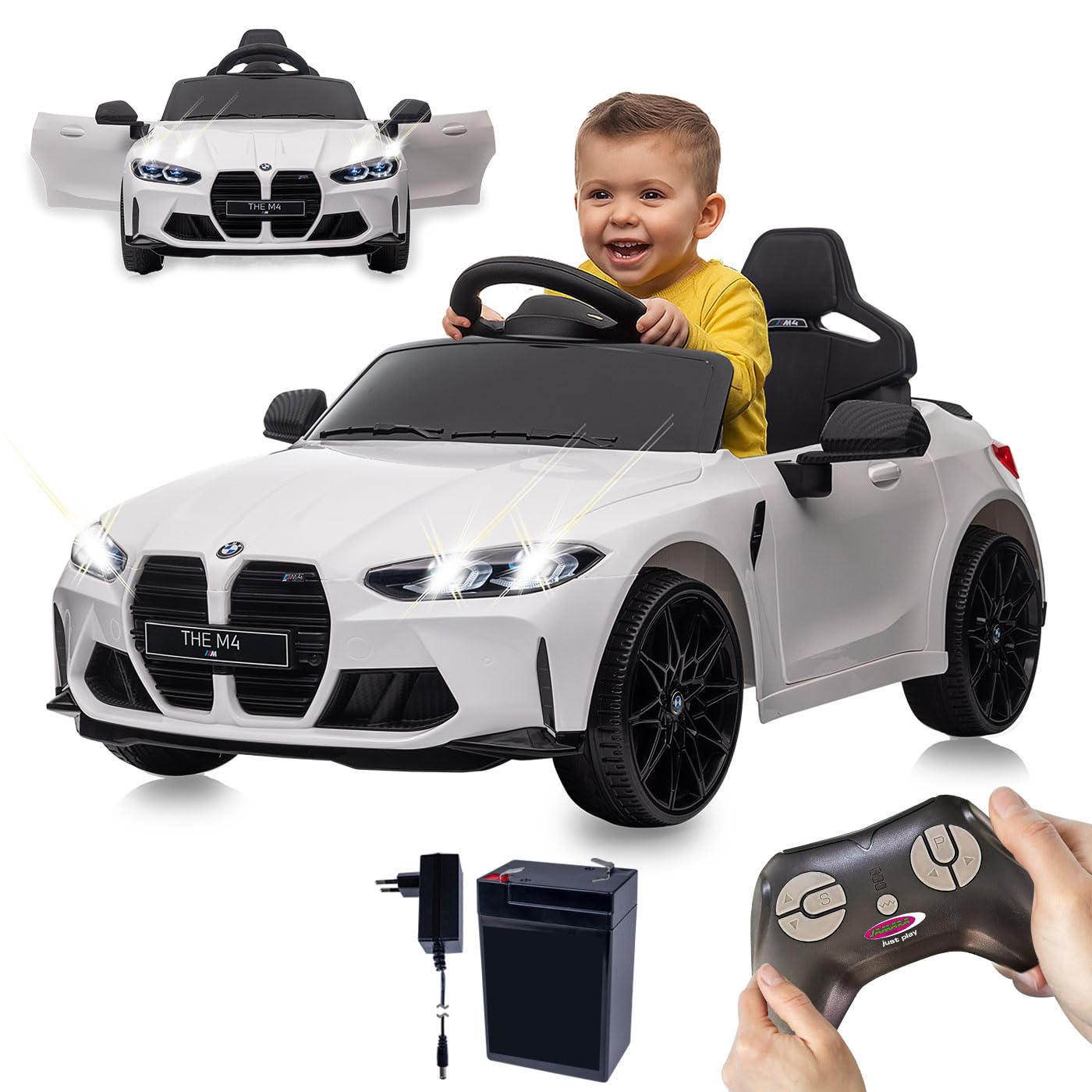JAMARA 461865 Ride-on BMW M4 2,4 GHz Li-Power 12,6, samochód elektryczny dla dzieci od 3 lat, elektryczny fotel, pomysł na prezent, oświetlenie, uchwyt do noszenia, 2 biegi, klakson