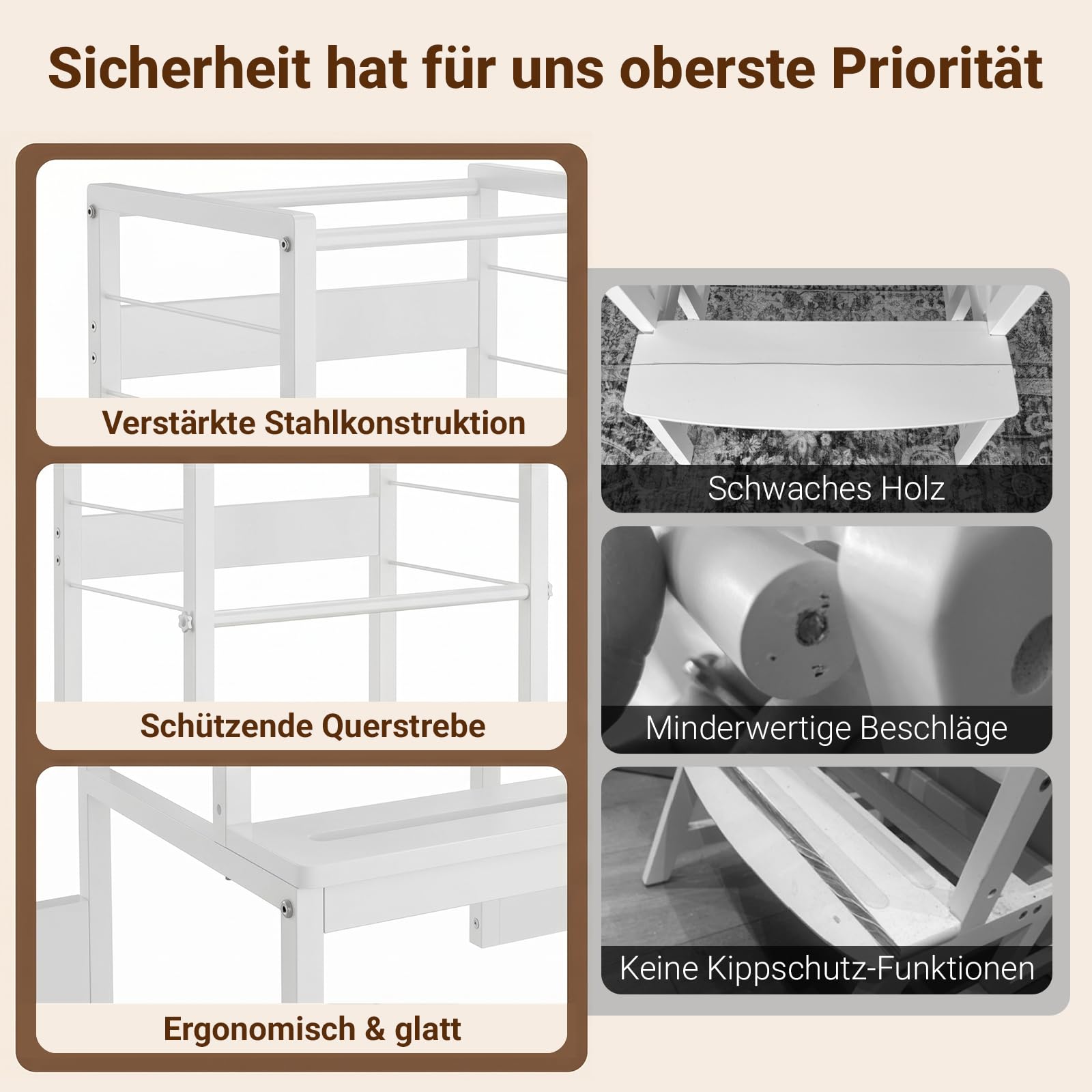 COSYLAND Lernturm Montessori Learning Tower Holz Stabil, Reinweiß | Stabiler Toddler Tower mit 4 Stützfüßen & Rutschschutz. 3-fach höhenverstellbar für Kinder ab 2 Jahren in Küche.